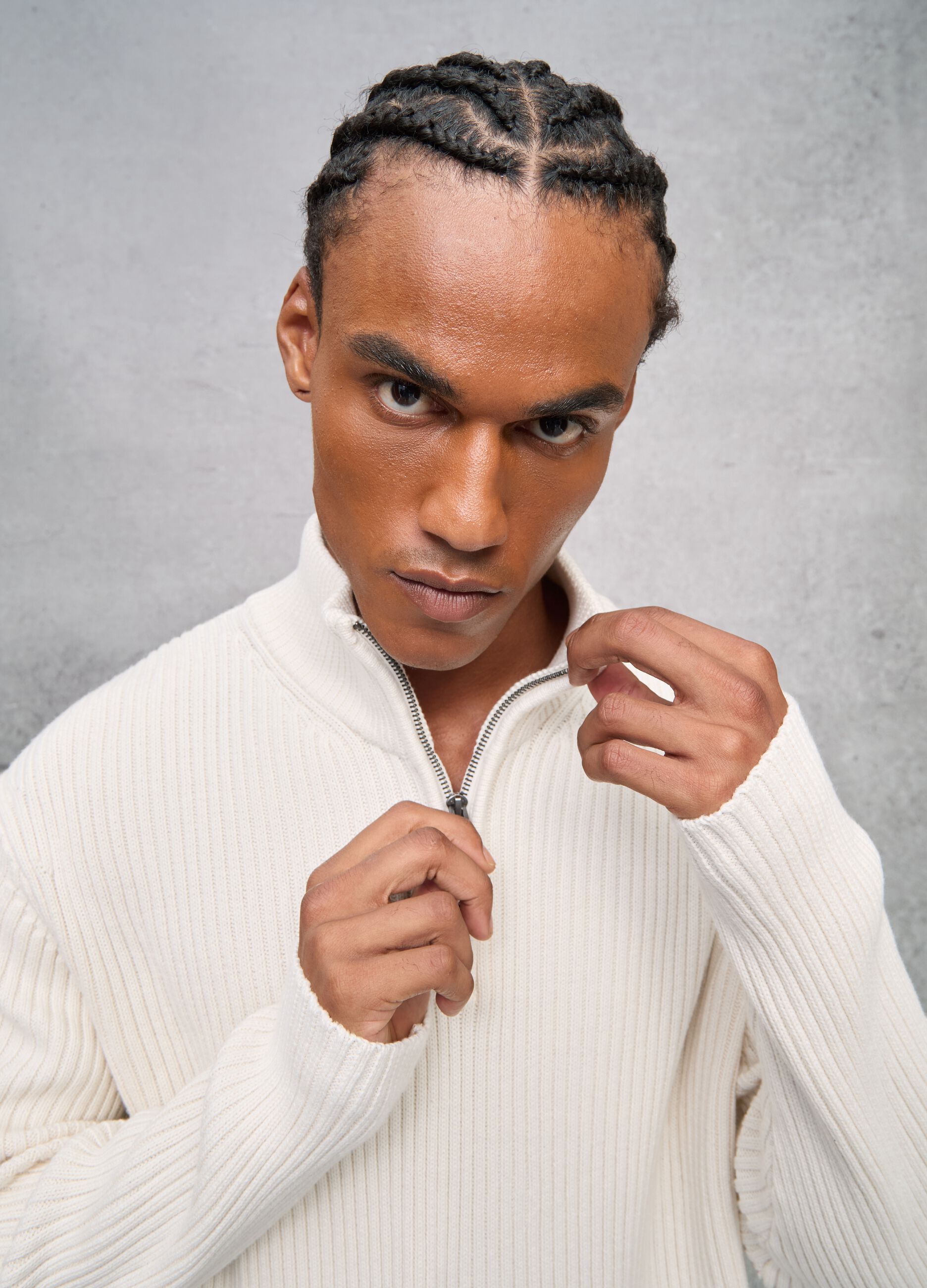 White Ribbed Knit Half-Zip