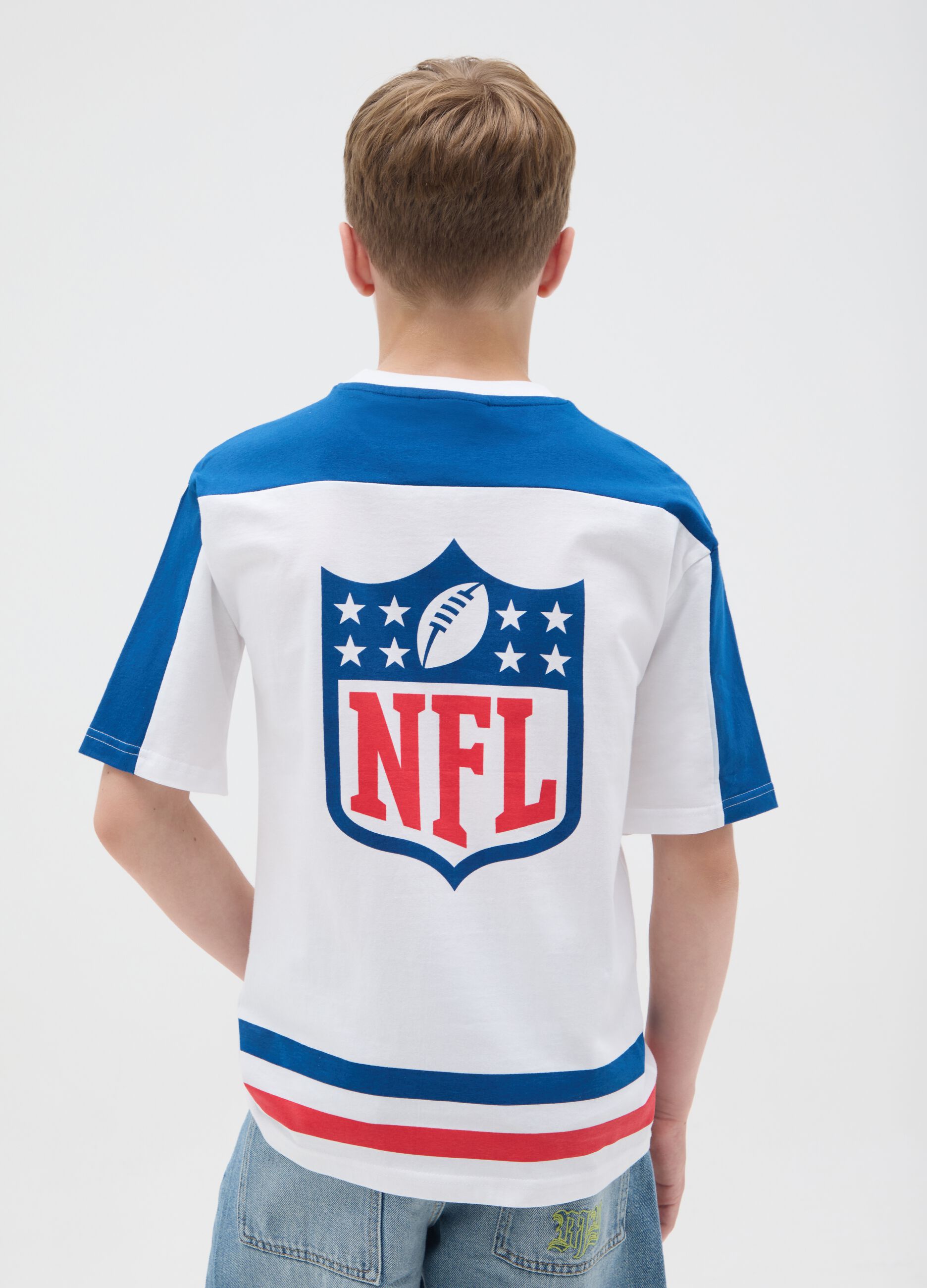 White and blue T-shirt in cotton with NFL print