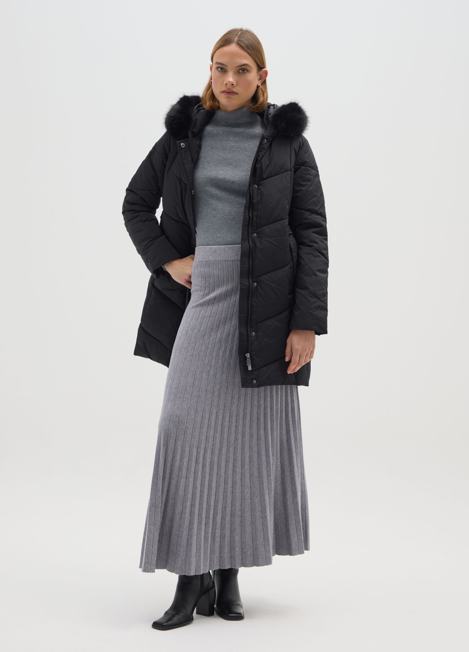 Long Black Hooded Down Jacket