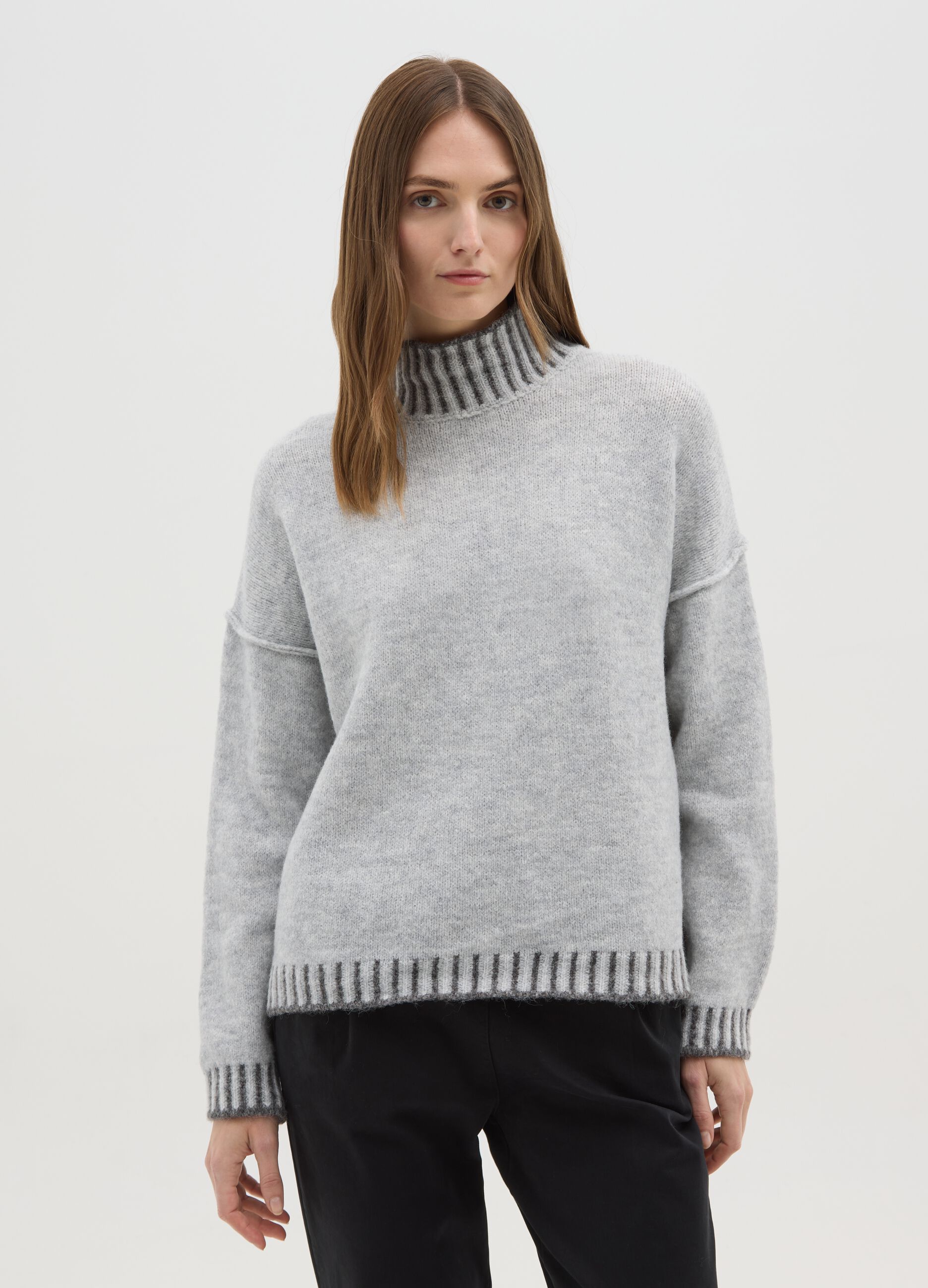 Melange grey jumper with high neck and contrast trim
