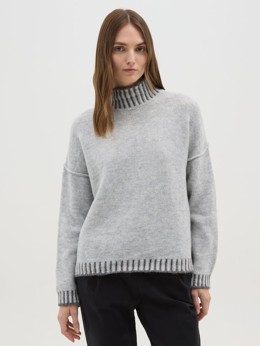 Melange grey jumper with high neck and contrast trim_0