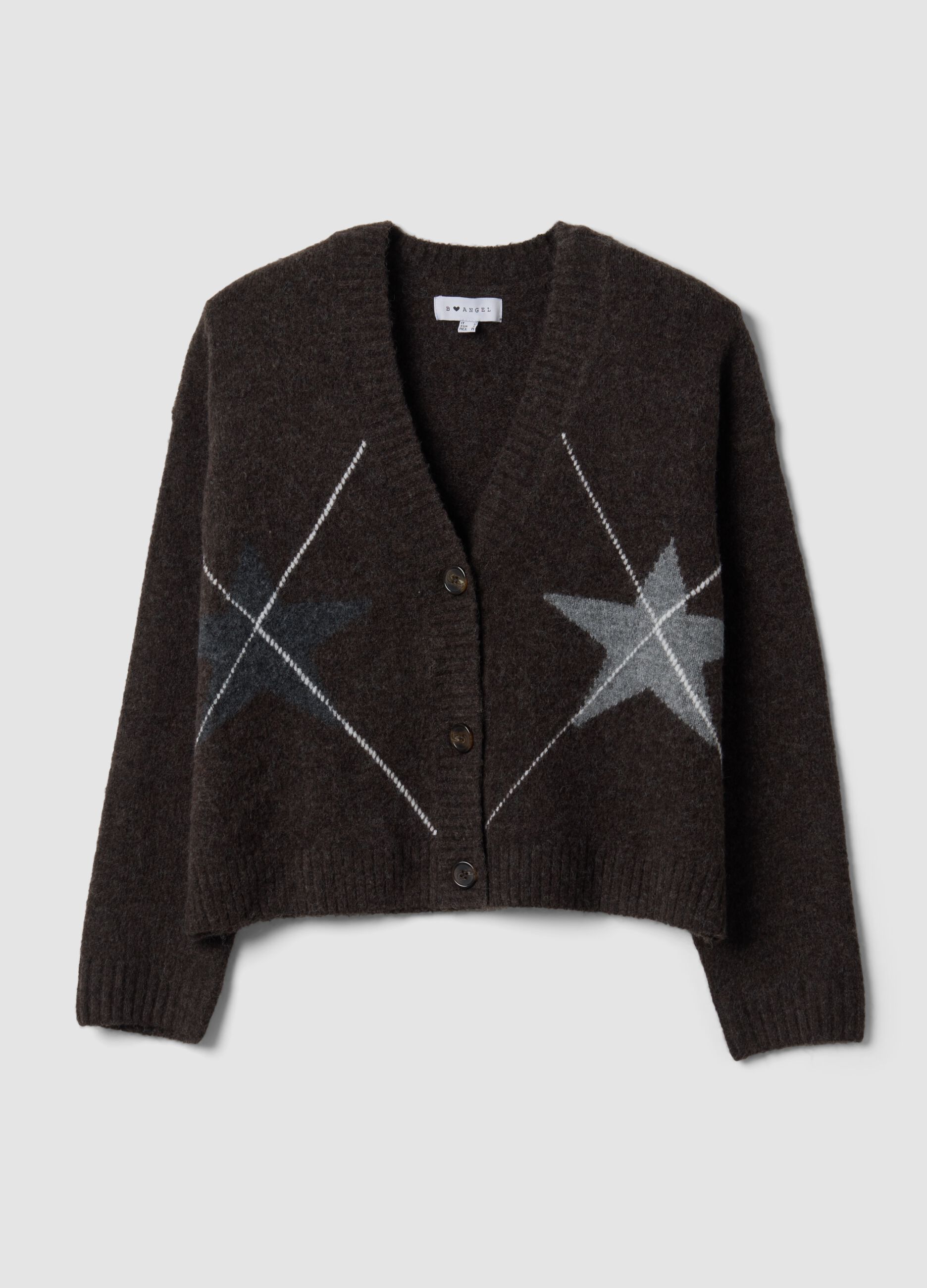 Brown stretch-wool cardigan with deep V-neck, oversized fit