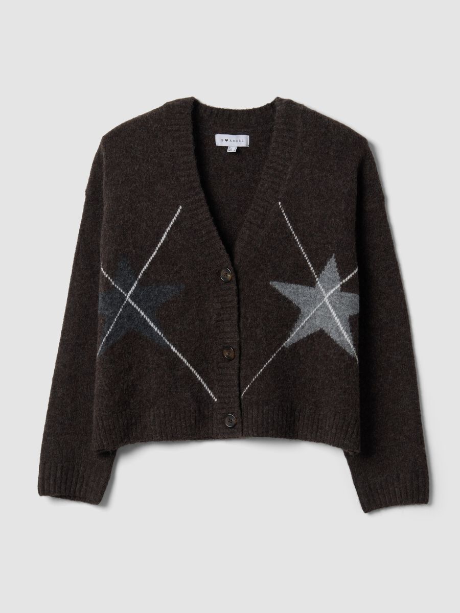 Cardigan marrone in lana elasticizzata con scollo profondo a V over fit_0