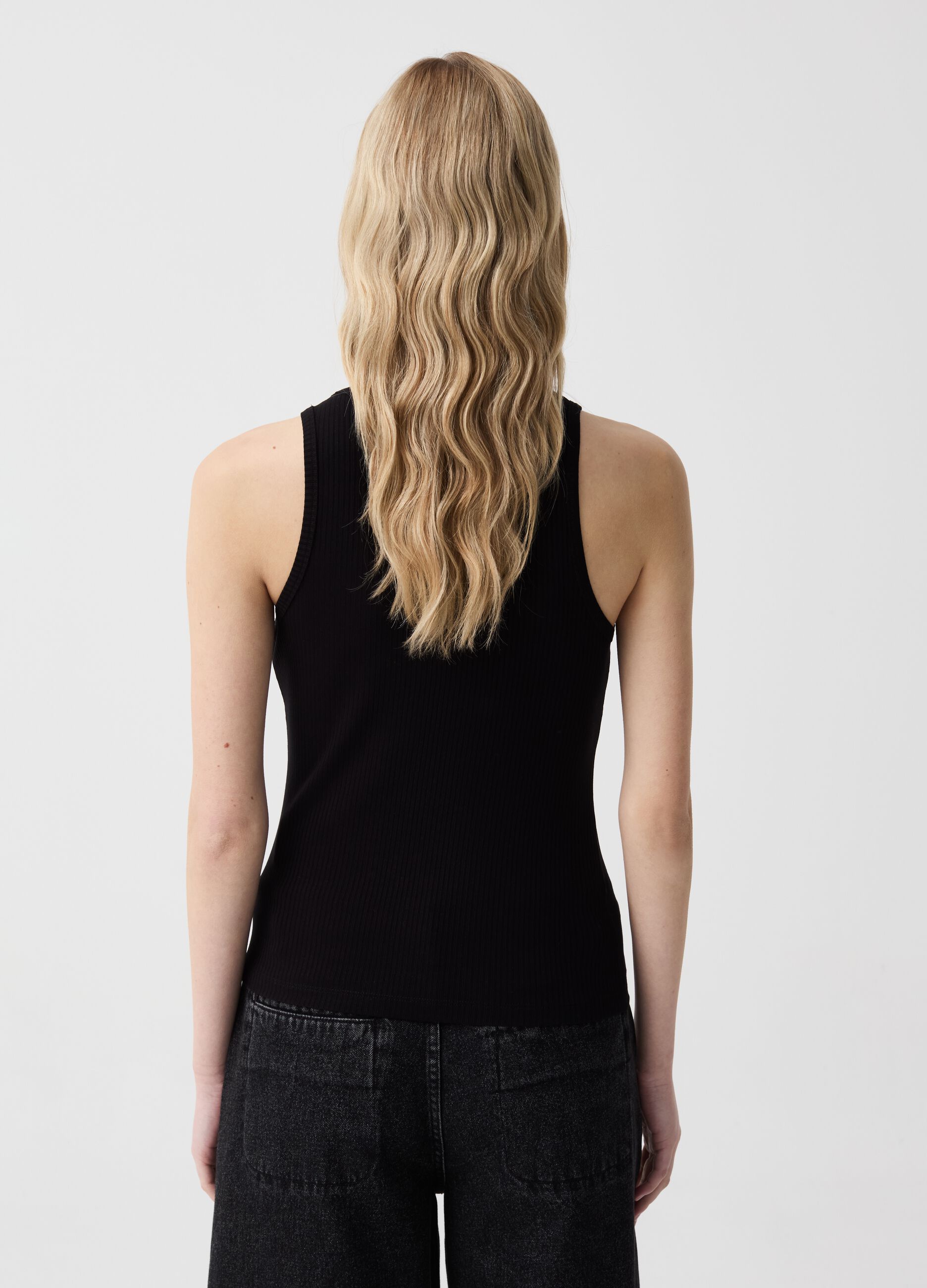 Ribbed tank top with diamantés
