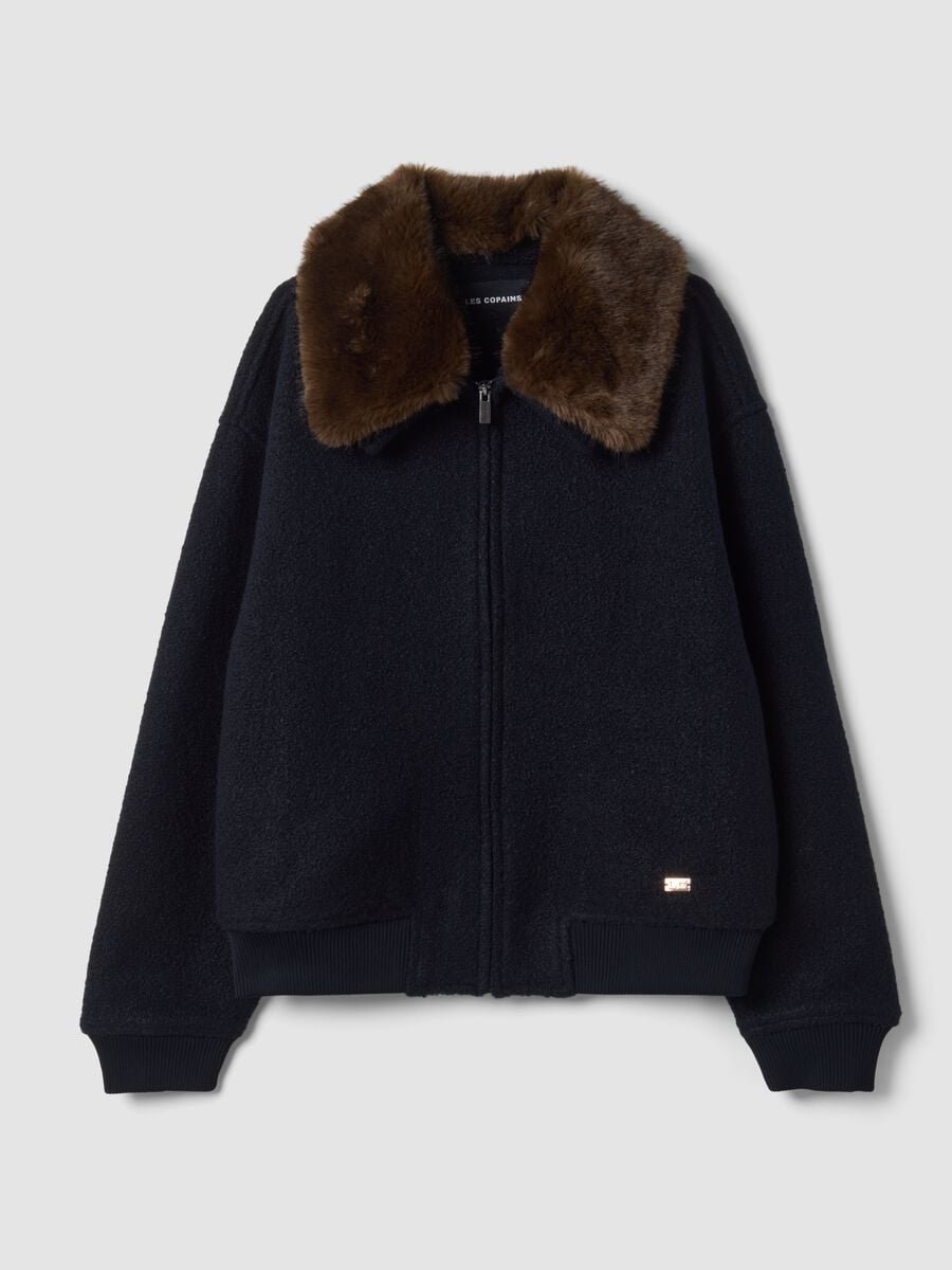 Blue wool-blend cardigan with faux-fur effect collar_0