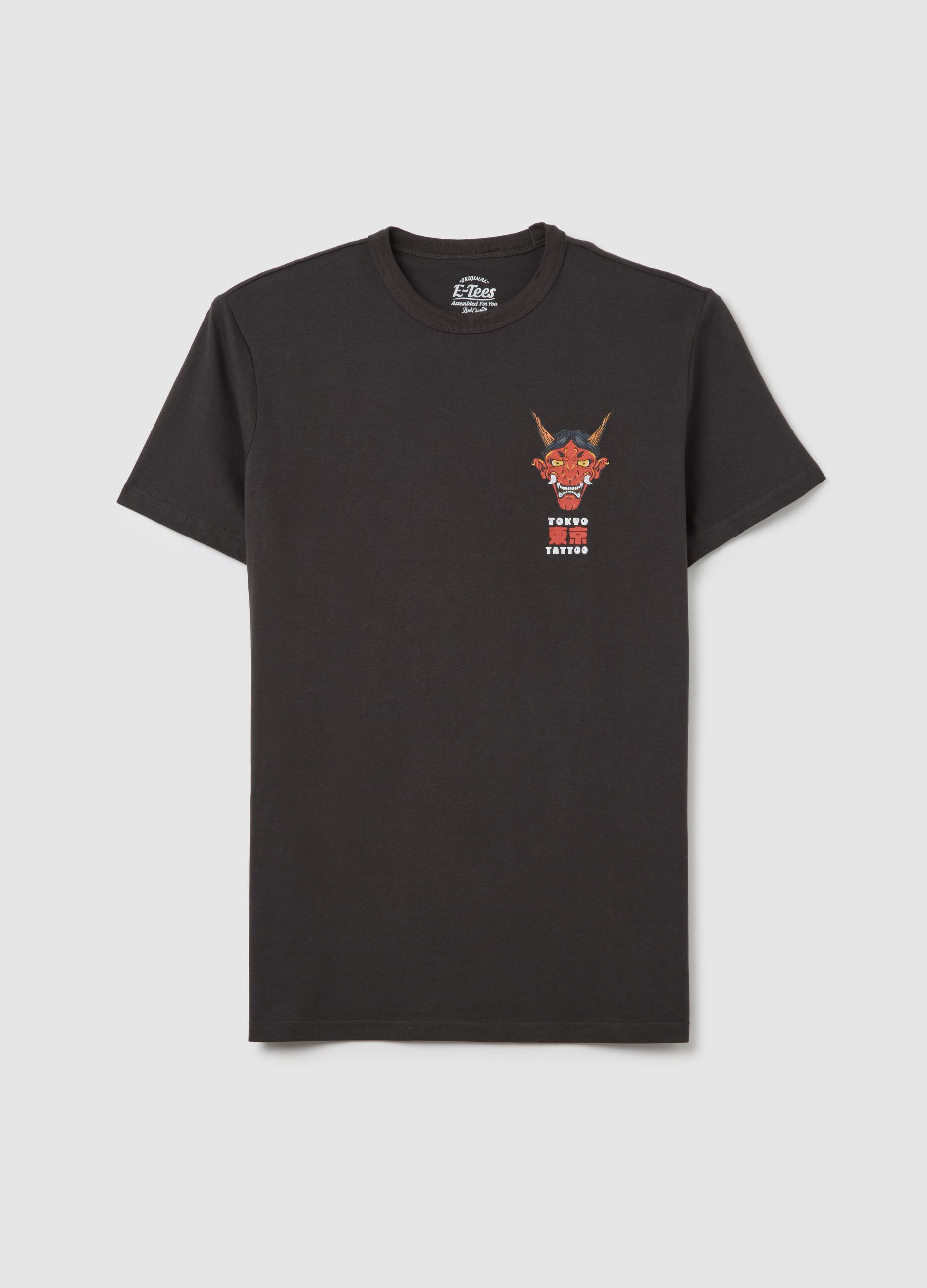 Black short-sleeve T-shirt with Tokyo Tattoo print
