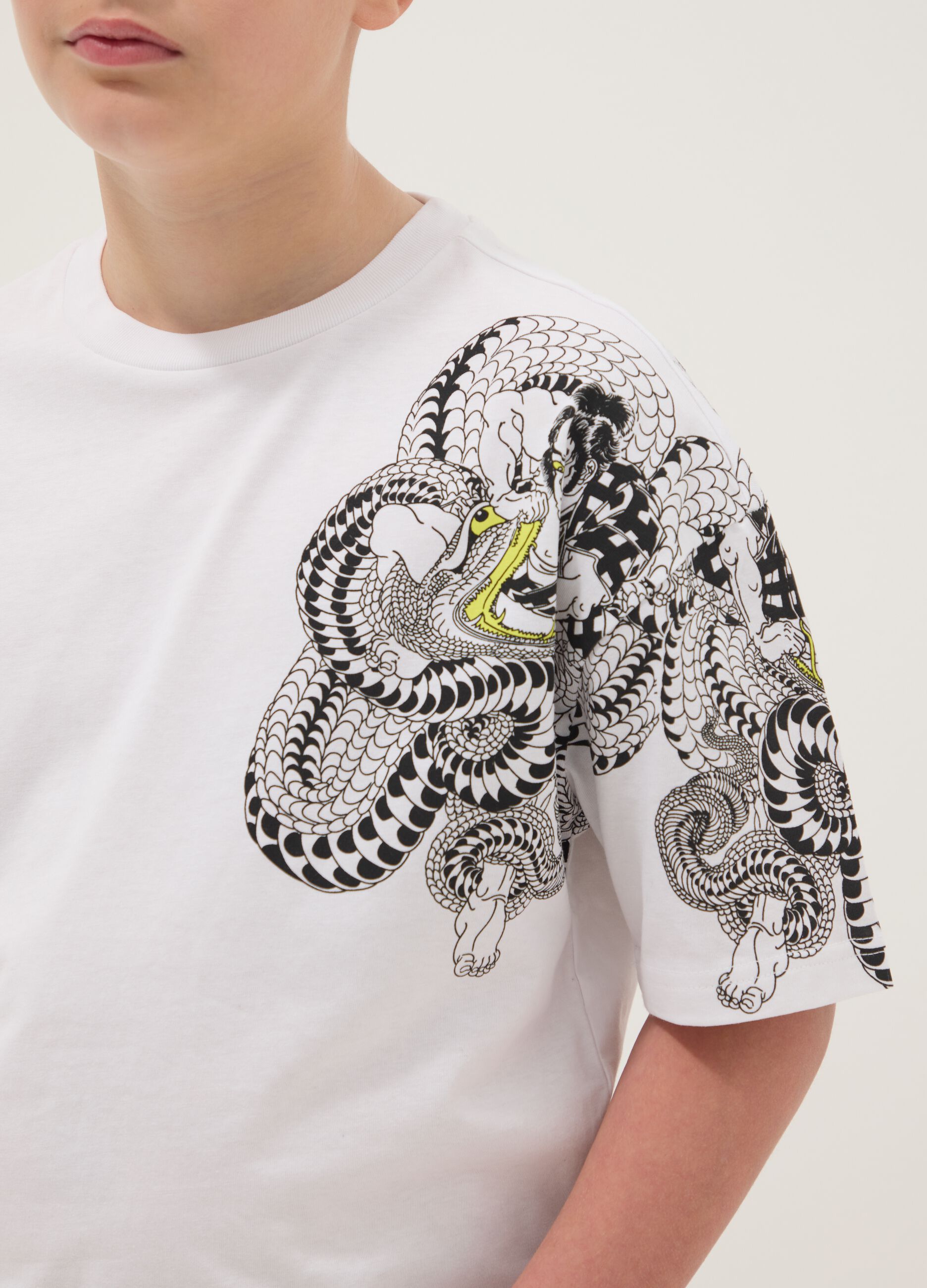 White pure cotton kids' oversized fit t-shirt with snake
