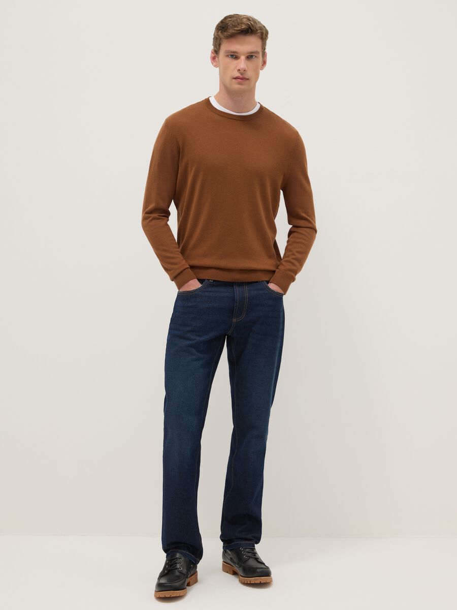 Brown crew neck pullover in regular fit cotton blend_1