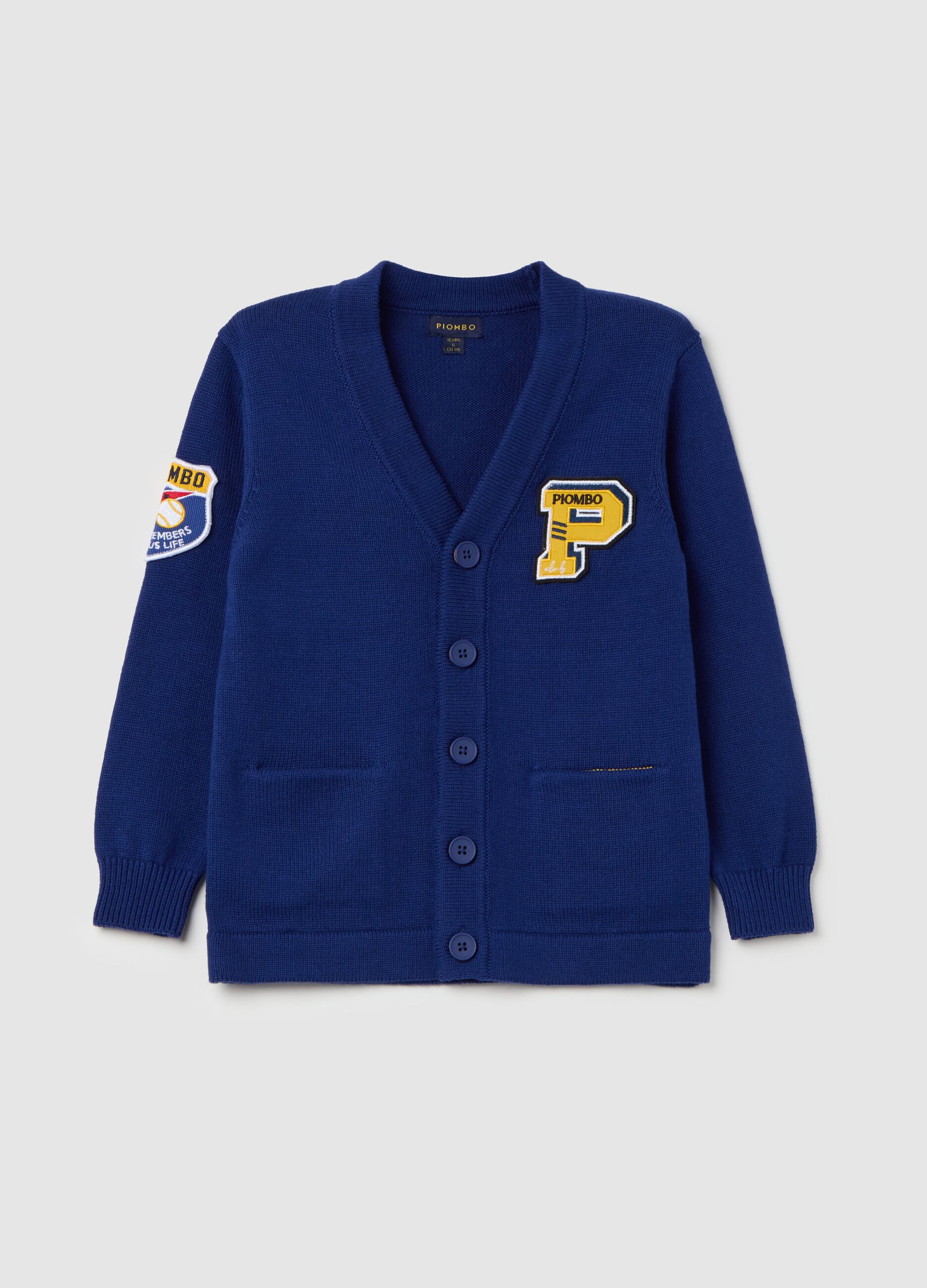 Cotton cardigan with V neck and logo patch