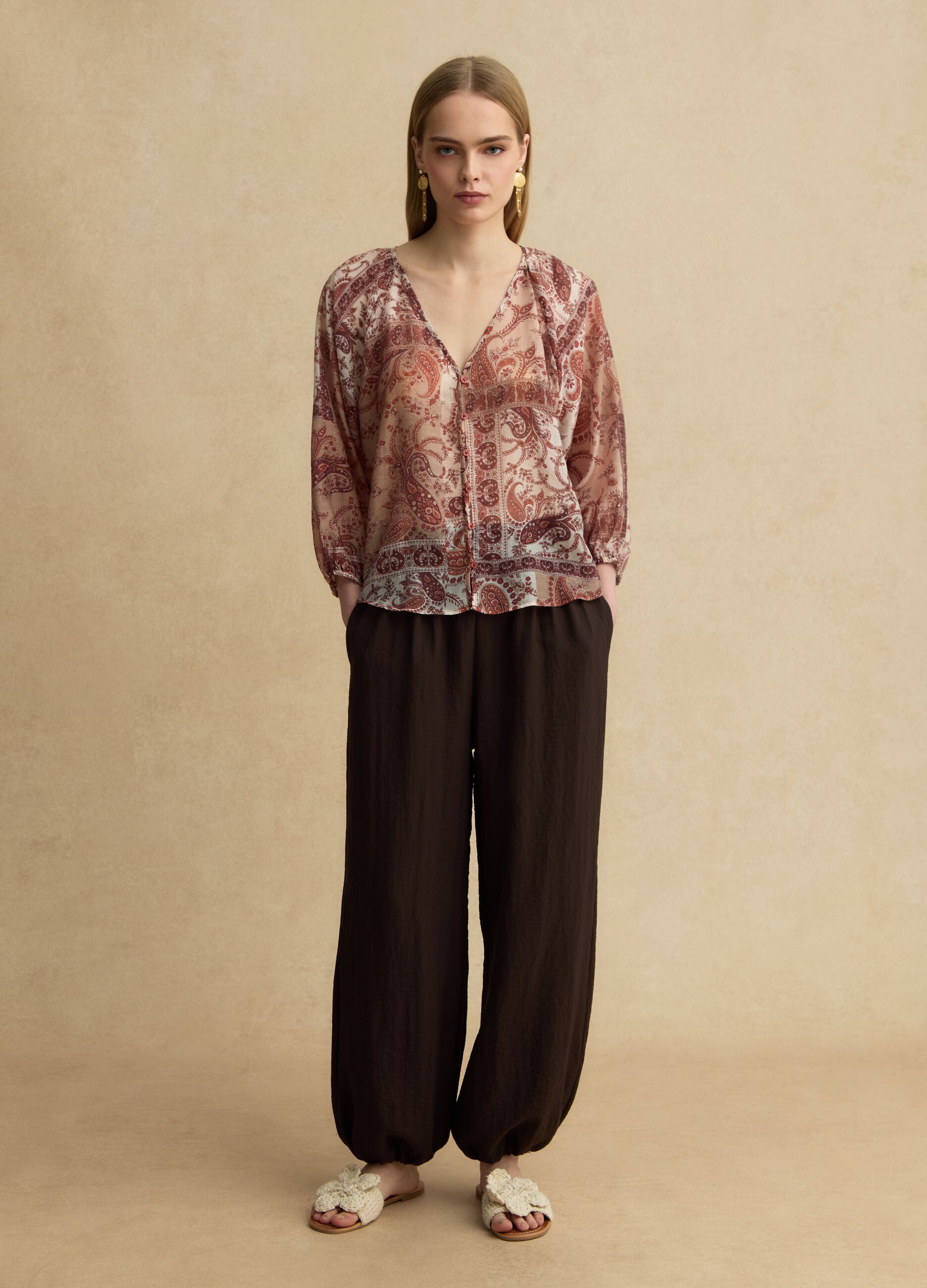 Multicolour regular fit lyocell blend blouse with buttons