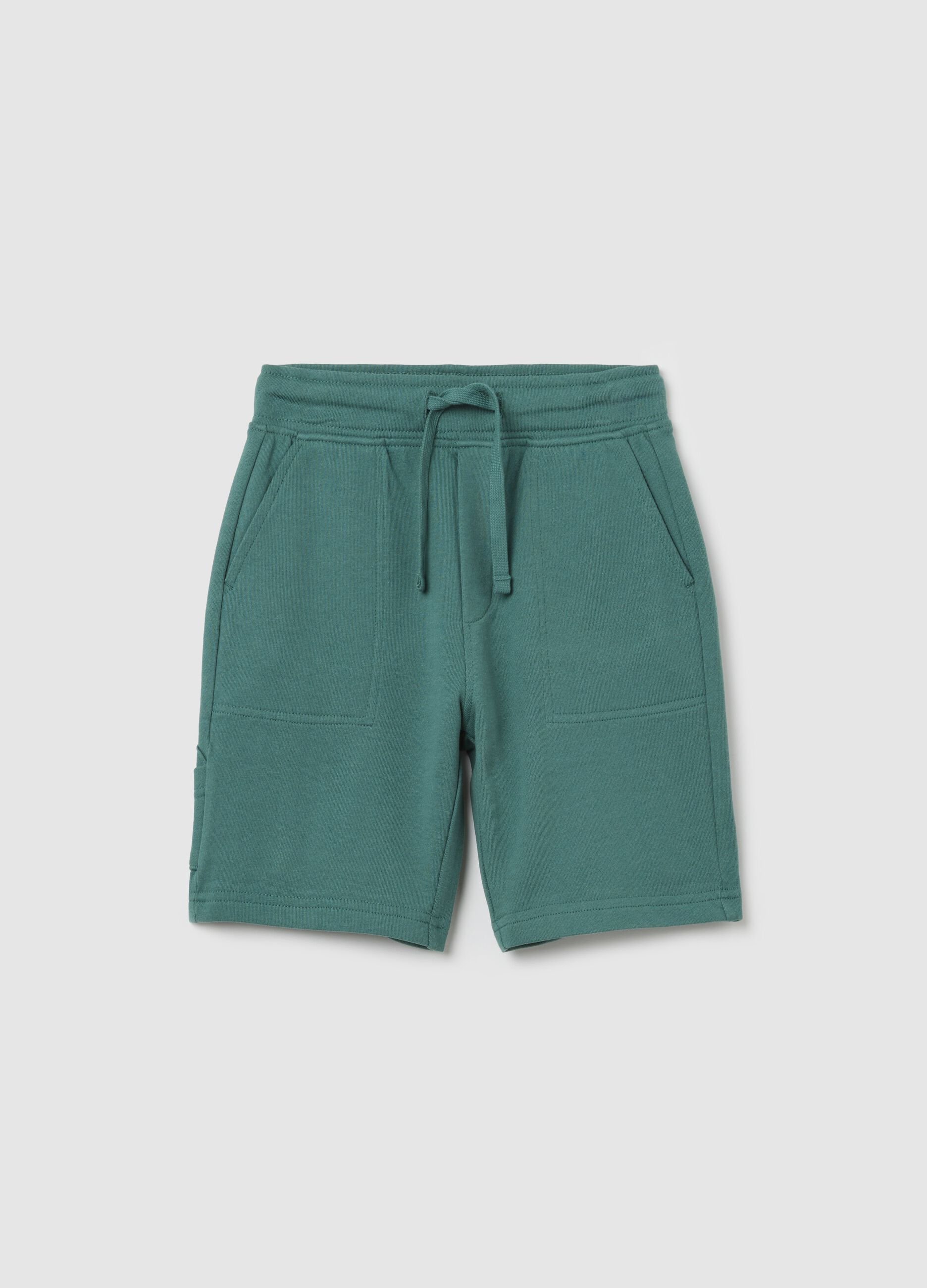 Green worker Bermuda shorts in cotton with drawstring