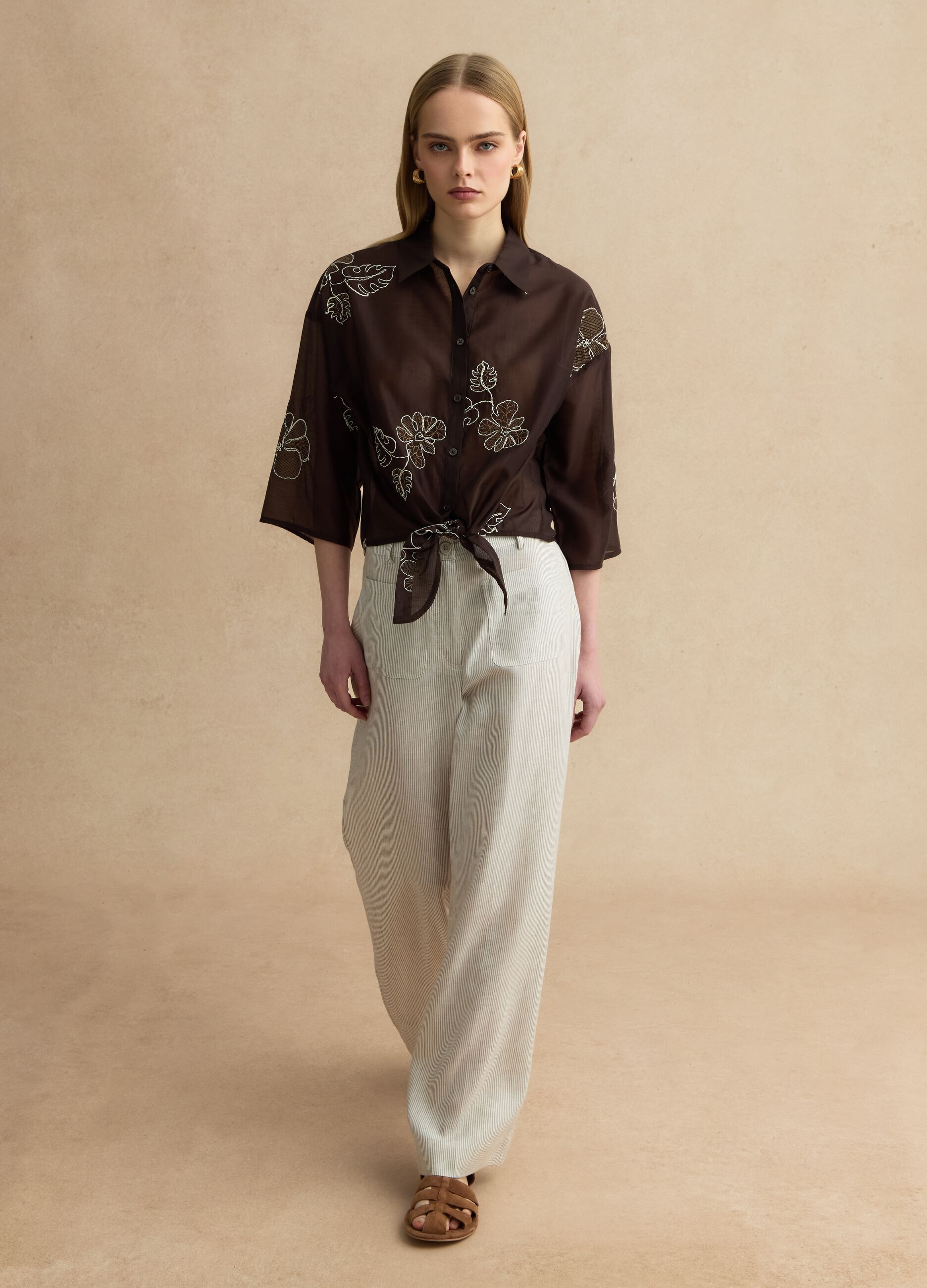 Regular Fit Brown Lyocell Blend Shirt with Floral Embroidery