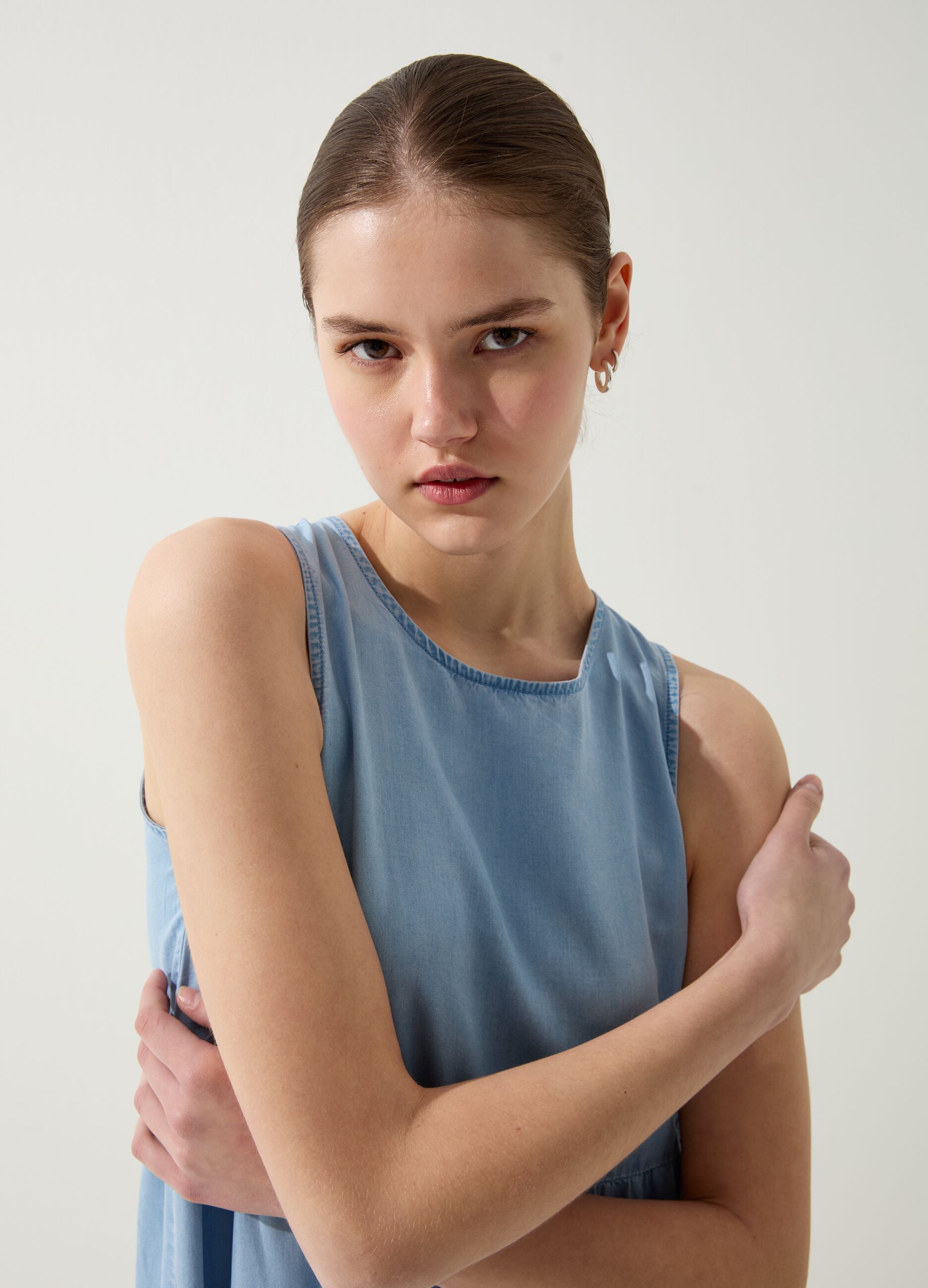 Long denim-effect tiered dress