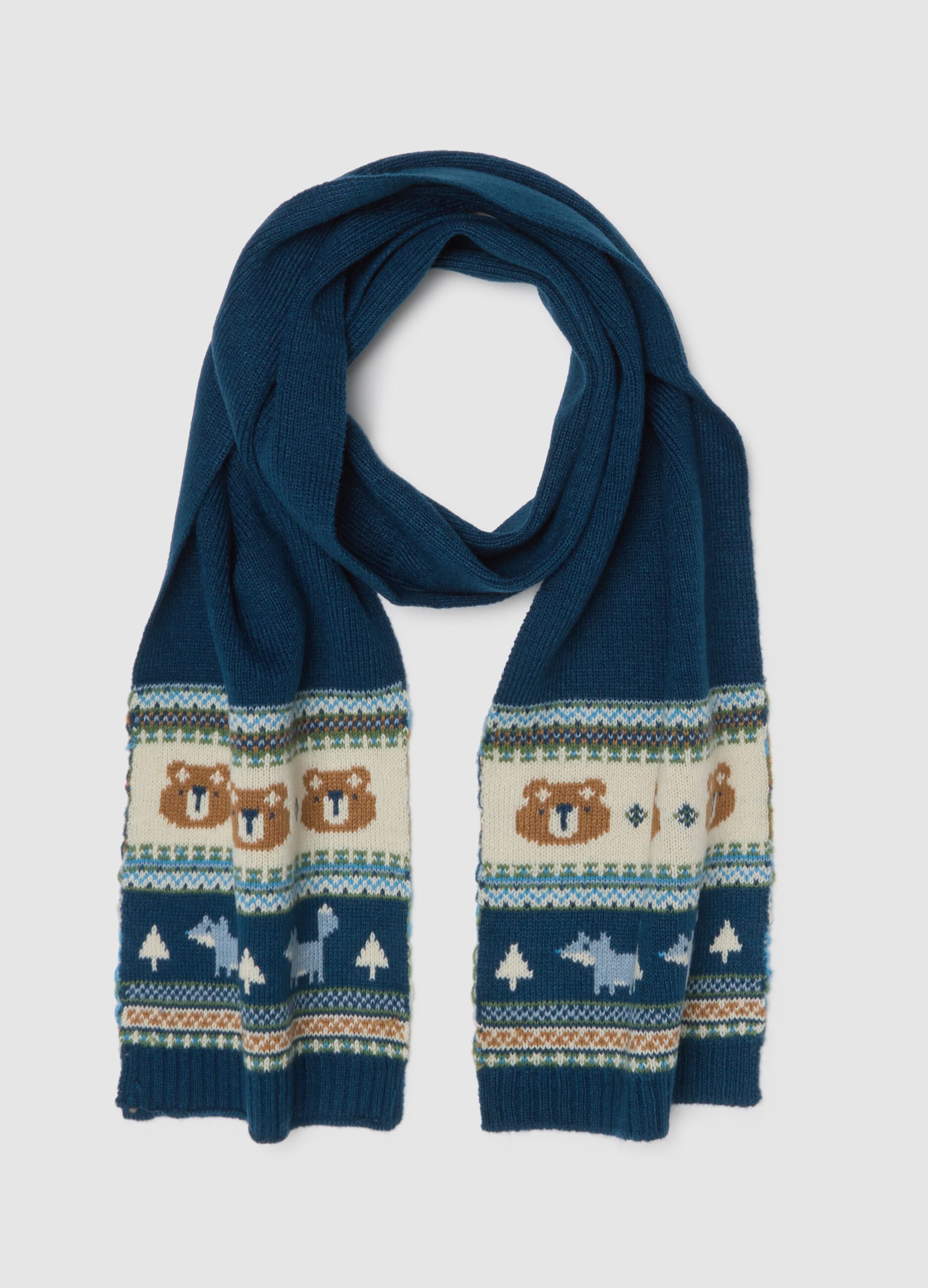 Blue scarf with teddy bear pattern