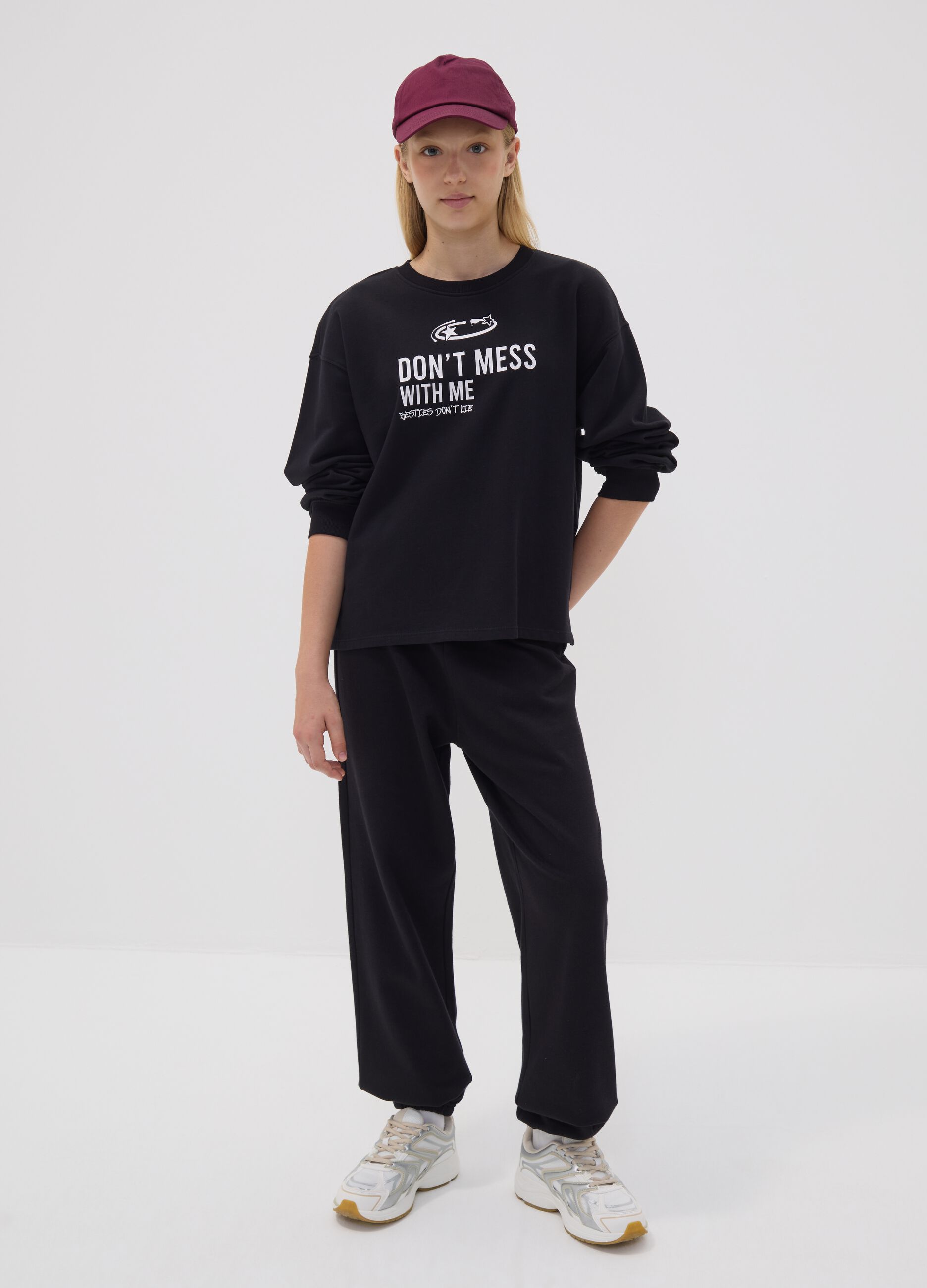 Black organic cotton-blend jogger trousers with printed detail for girls