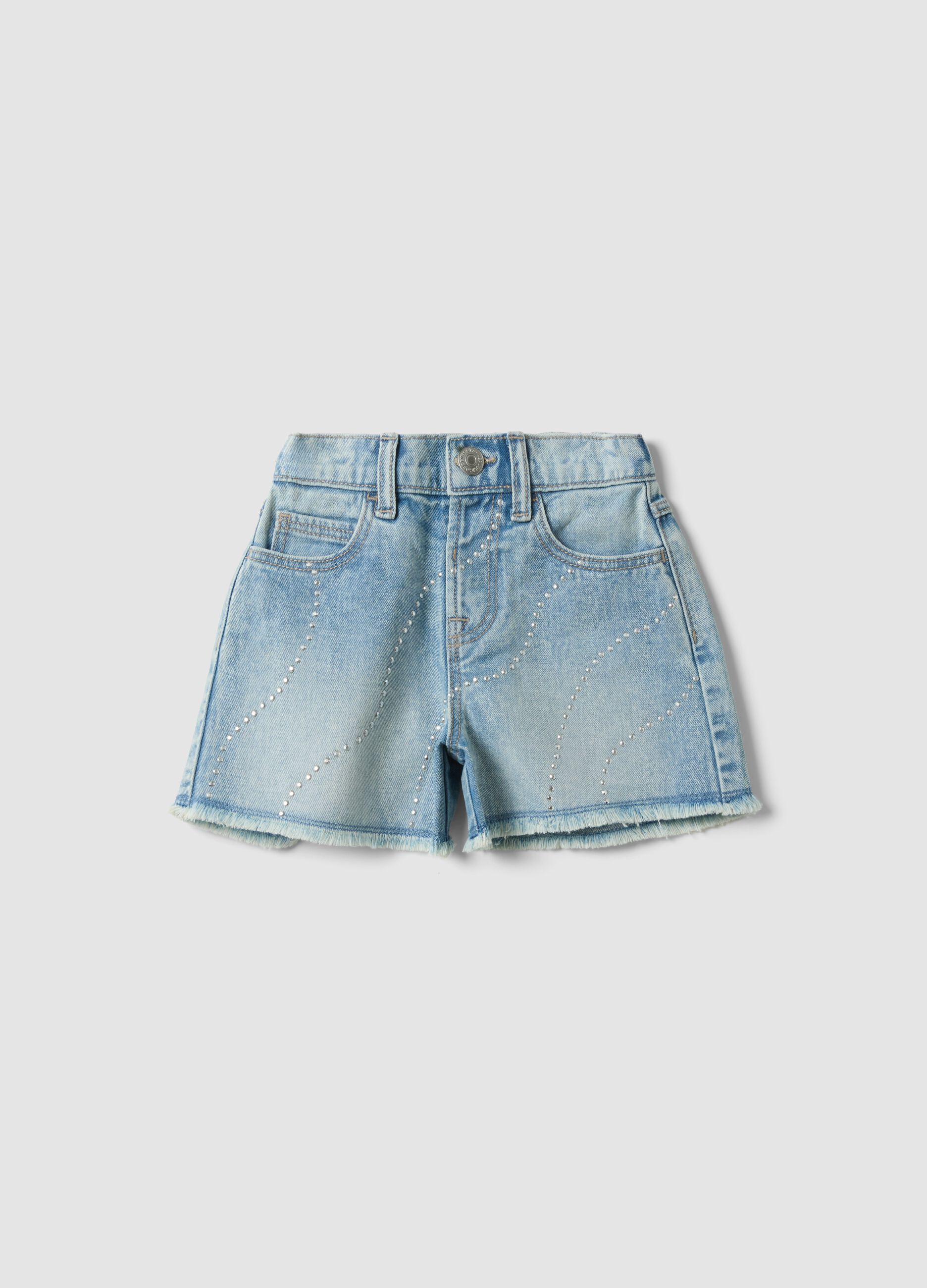 Light blue pure cotton denim shorts with rhinestones