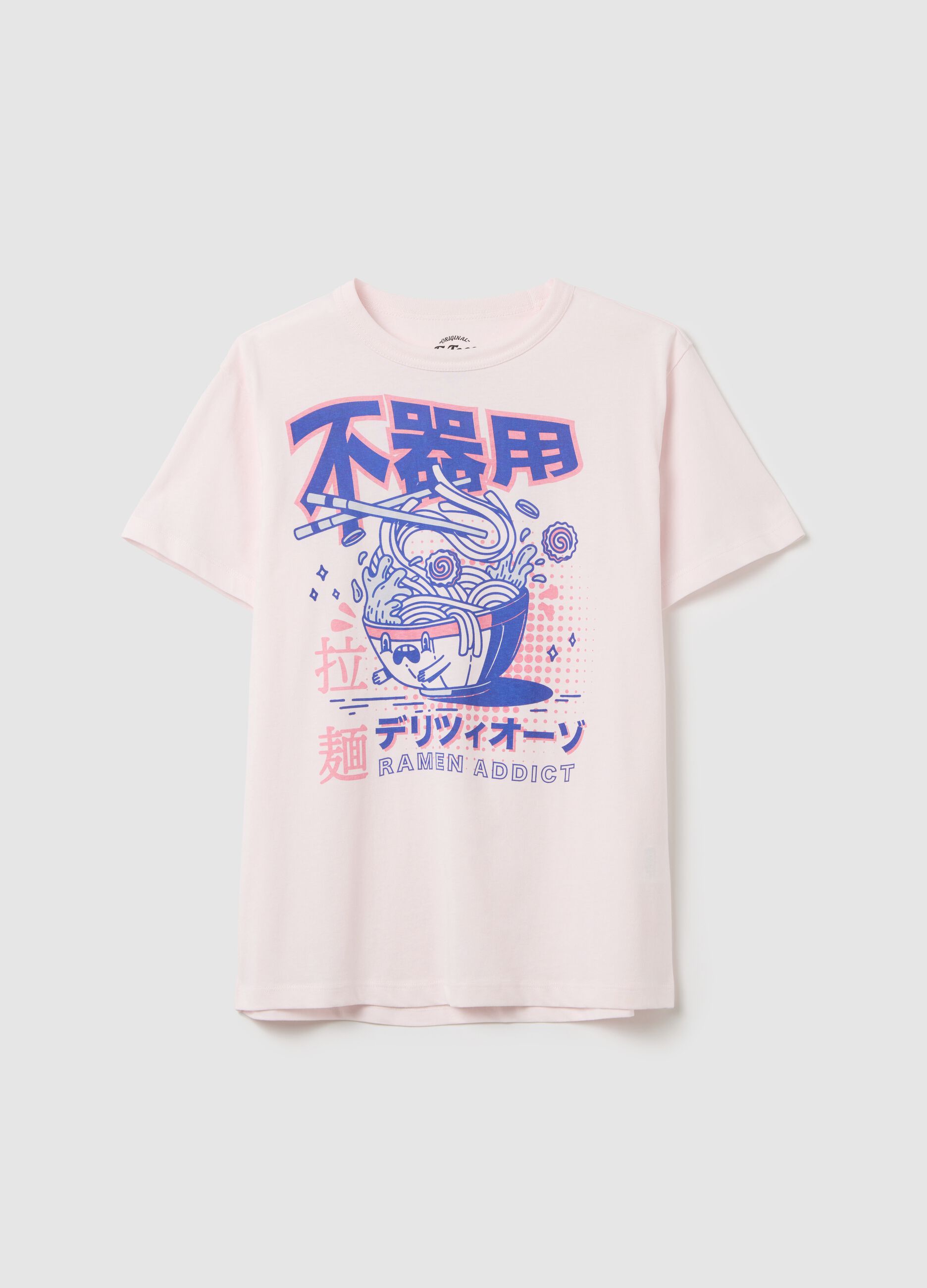 Pink cotton T-shirt with ramen print