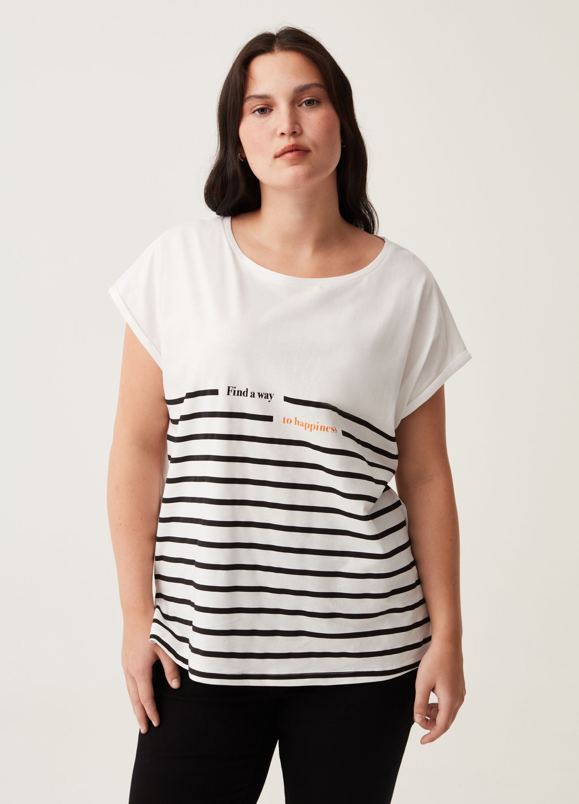 T-shirt con stampa righe e lettering Curvy MYA_0