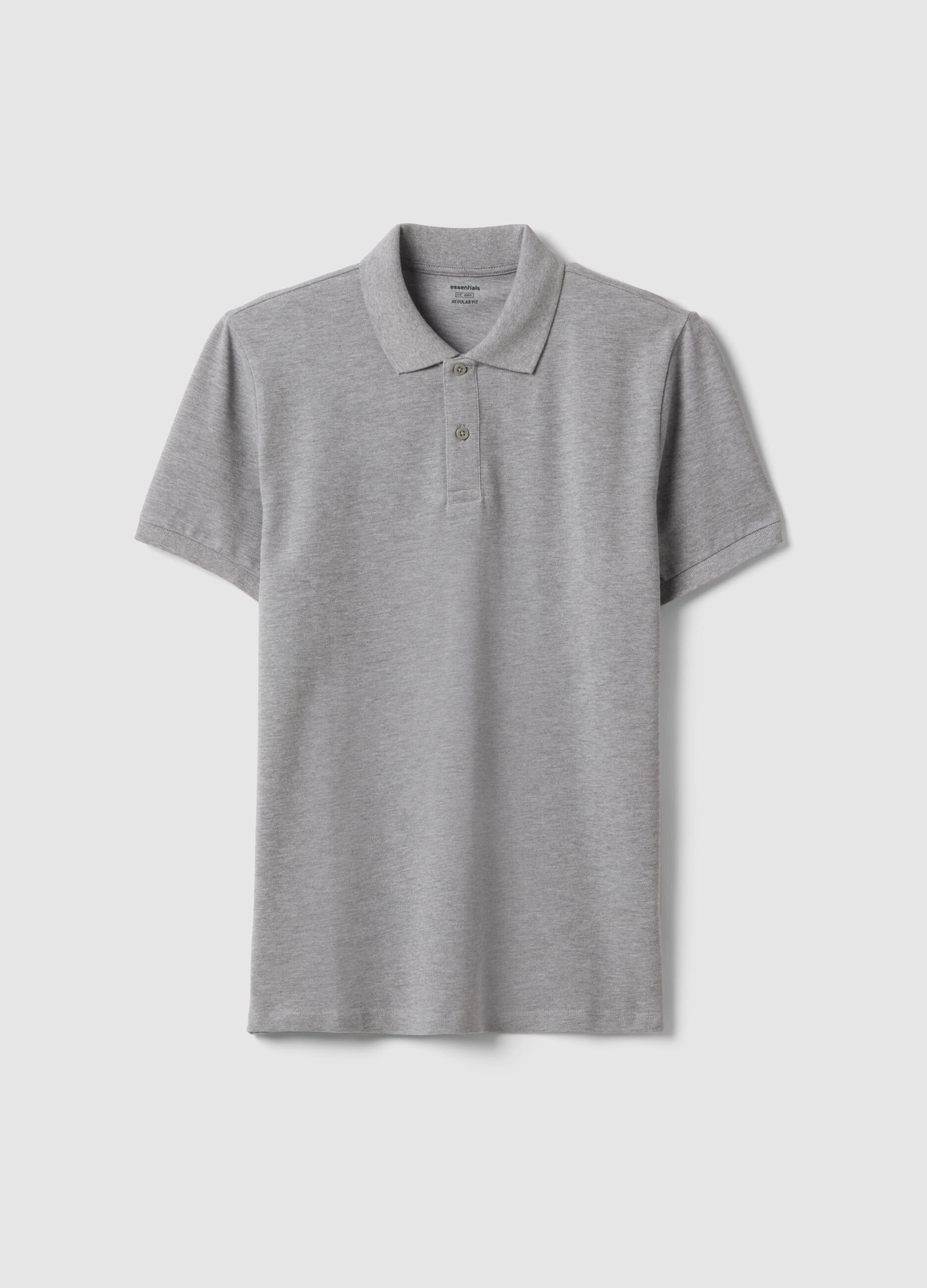 Grey pure cotton short-sleeve polo shirt, regular fit