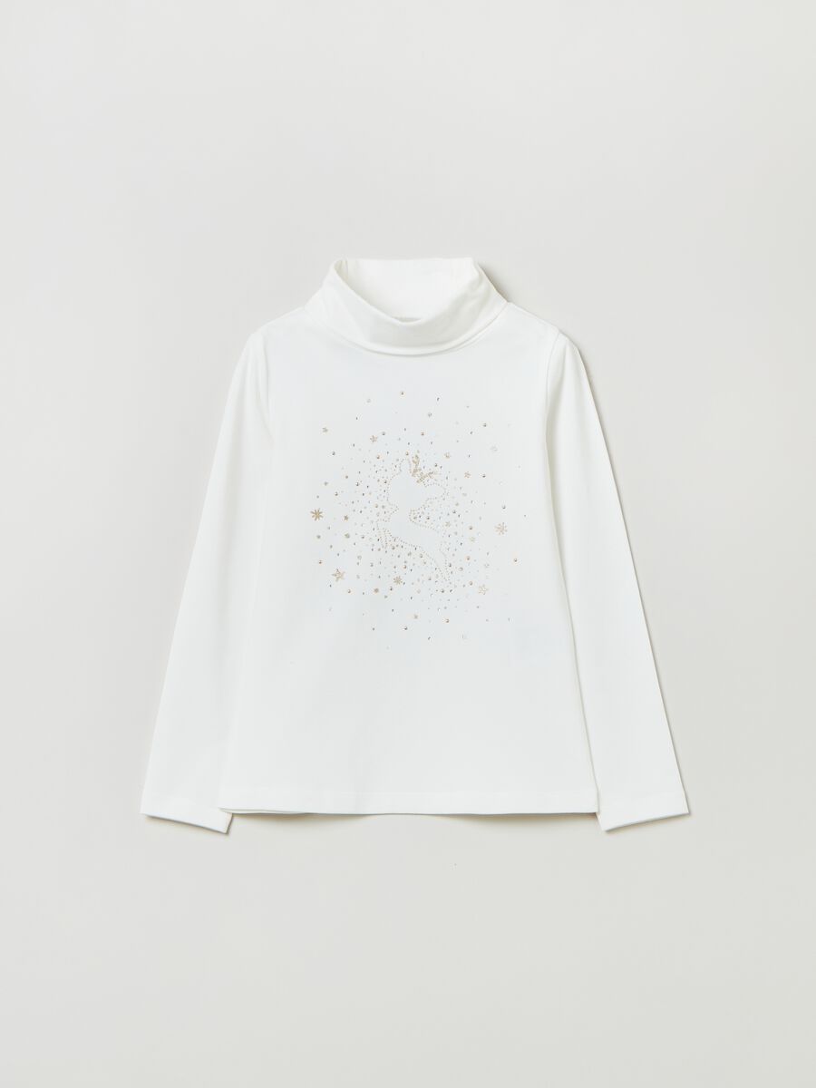 T-shirt a collo alto con strass e glitter_0