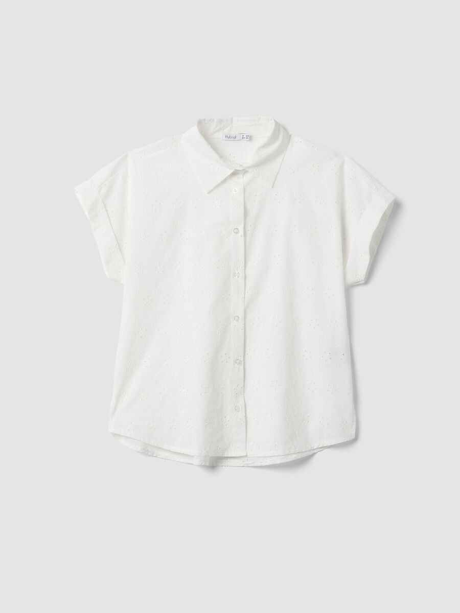 Camicia bianca in puro cotone a maniche corte traforata regular fit_4