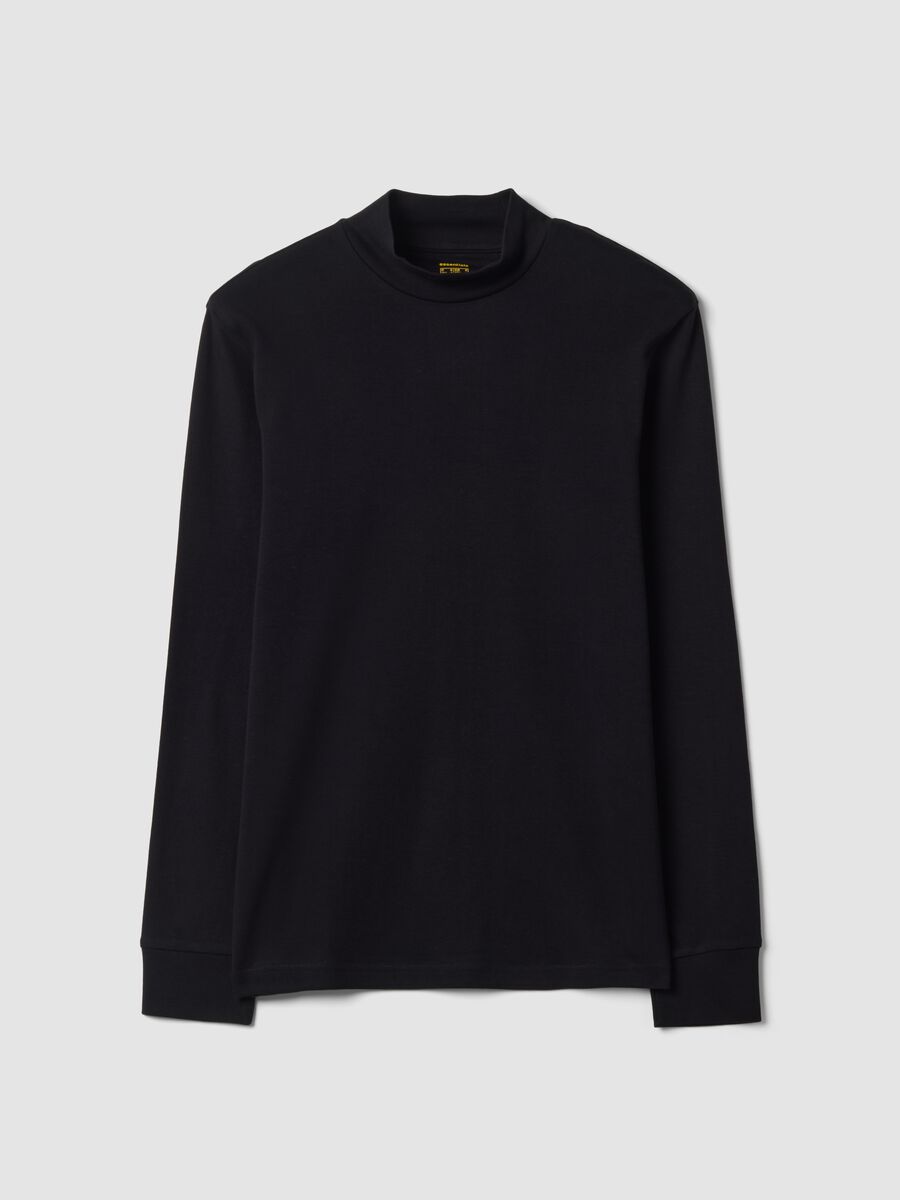 T-shirt nera in puro cotone con collo rialzato strutturato_0
