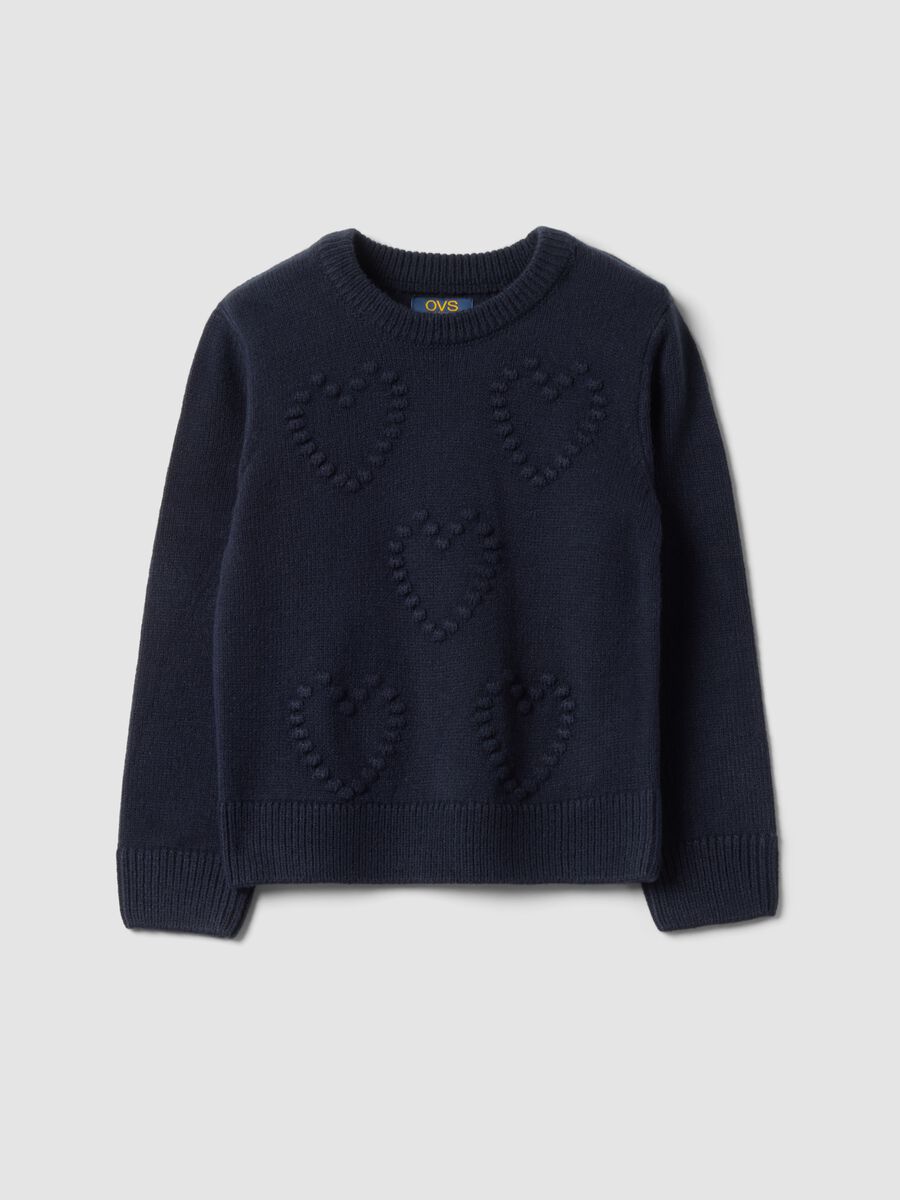 Maglione blu girocollo con cuori in rilievo regular fit per bambina_0