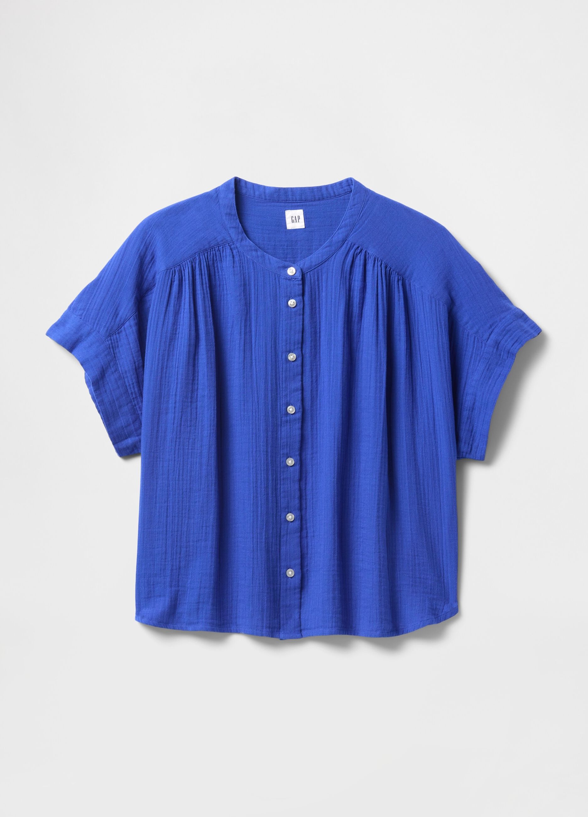 Blue blouse in cotton-viscose blend with short sleeves