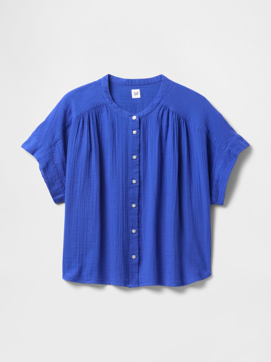 Blusa blu in misto cotone e viscosa con maniche corte_4