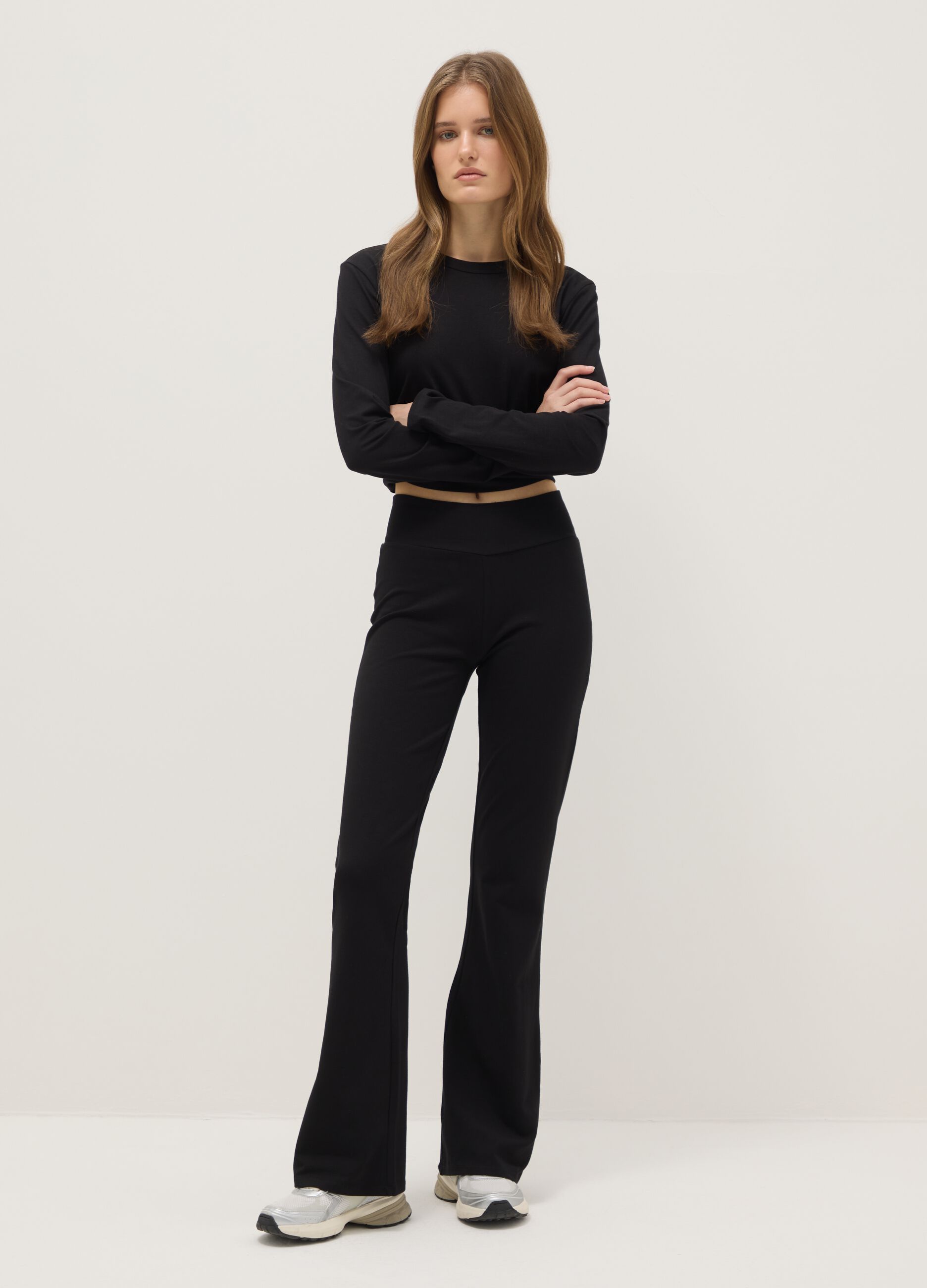 Black Flared Leggings in Stretch Cotton