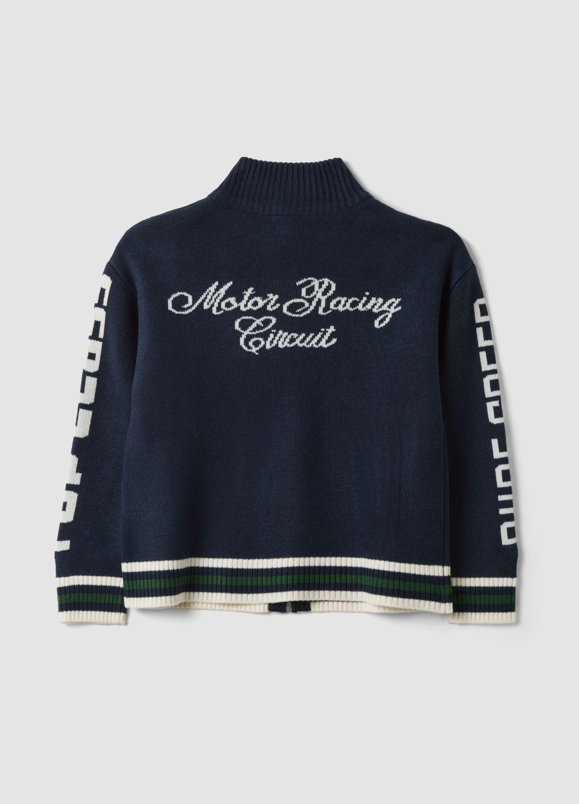 Blue zip-up cardigan with racing embroidery