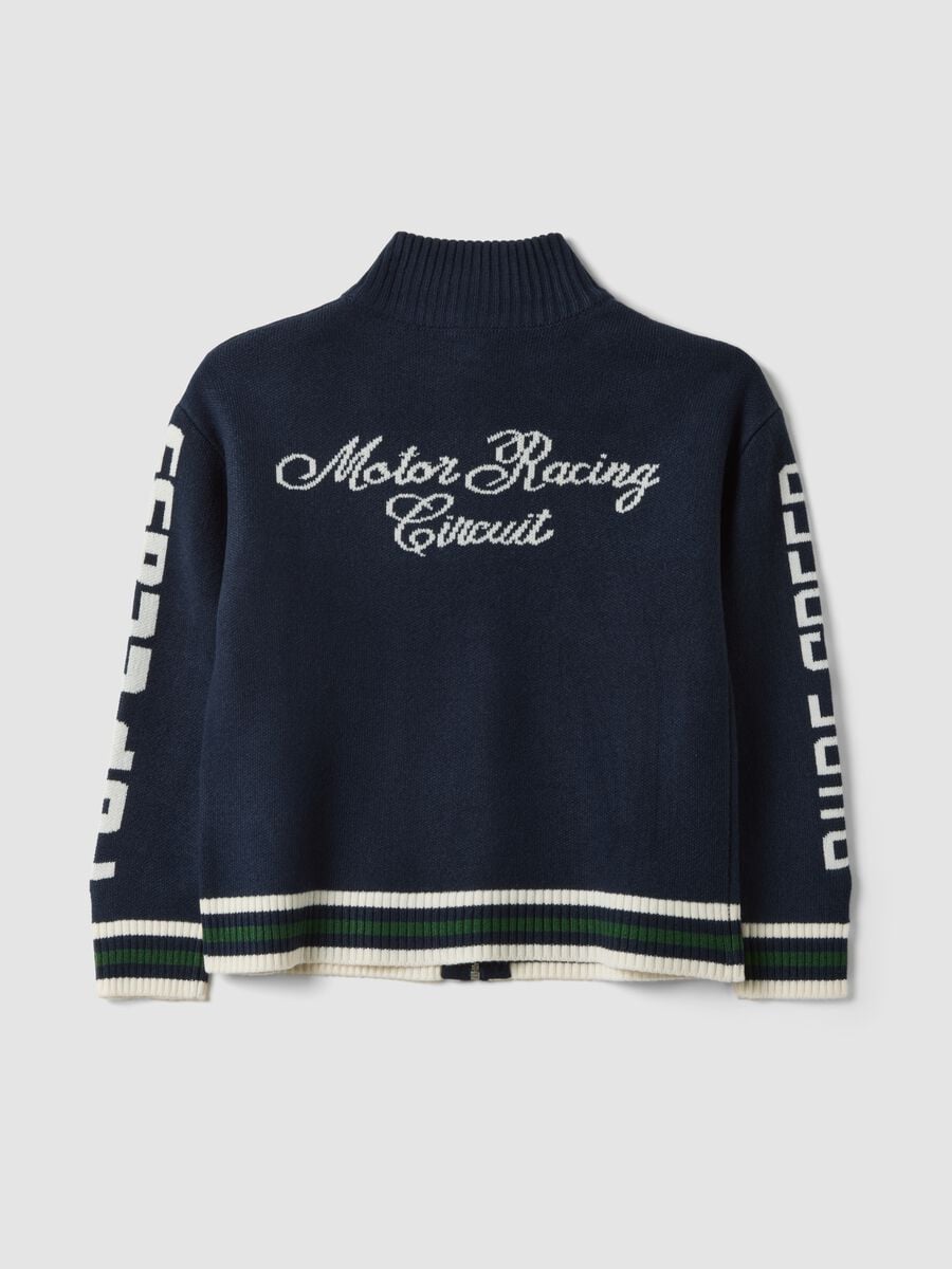 Blue zip-up cardigan with racing embroidery_2