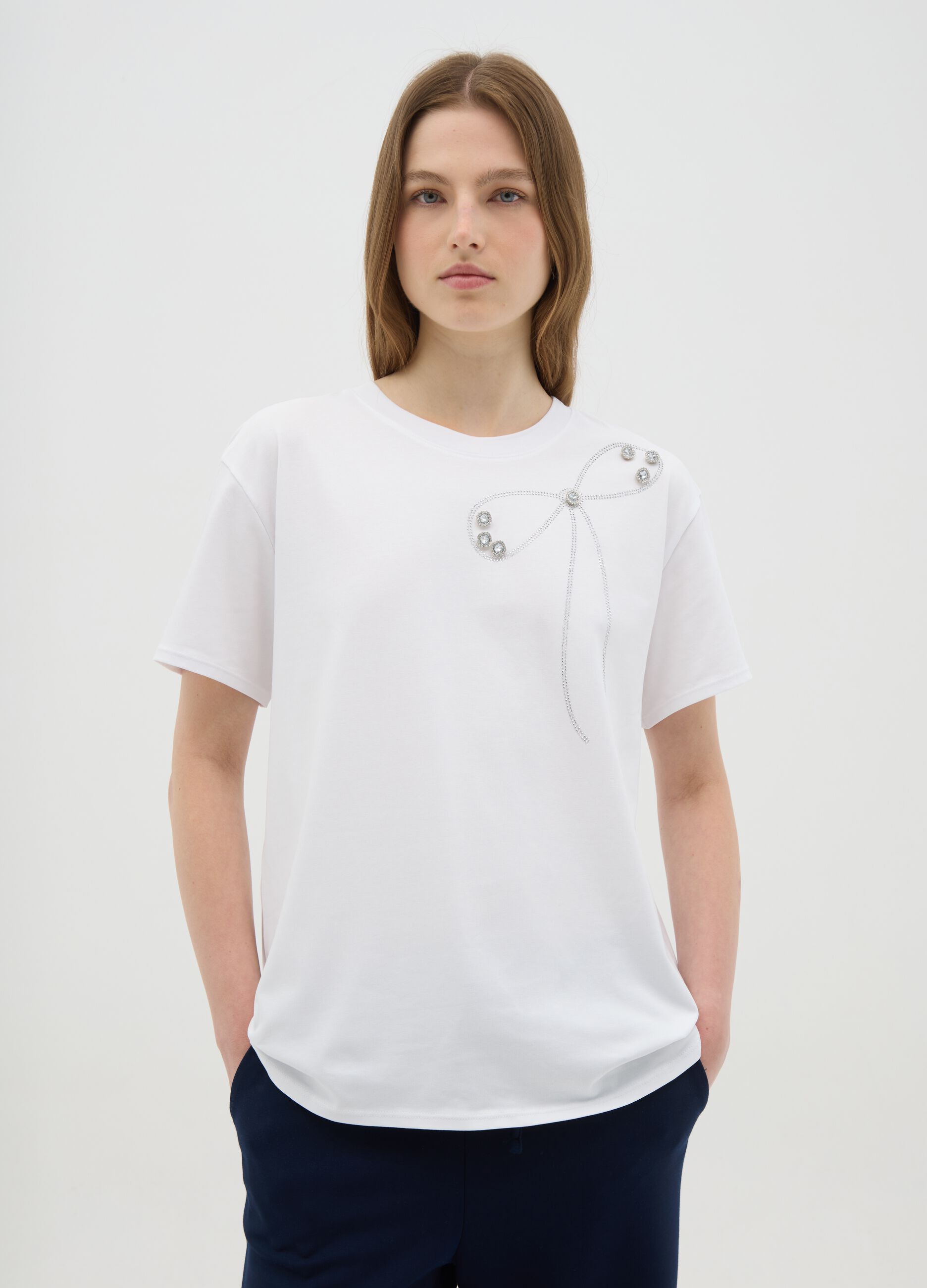 T-shirt da donna in cotone elasticizzato bianca regular fit
