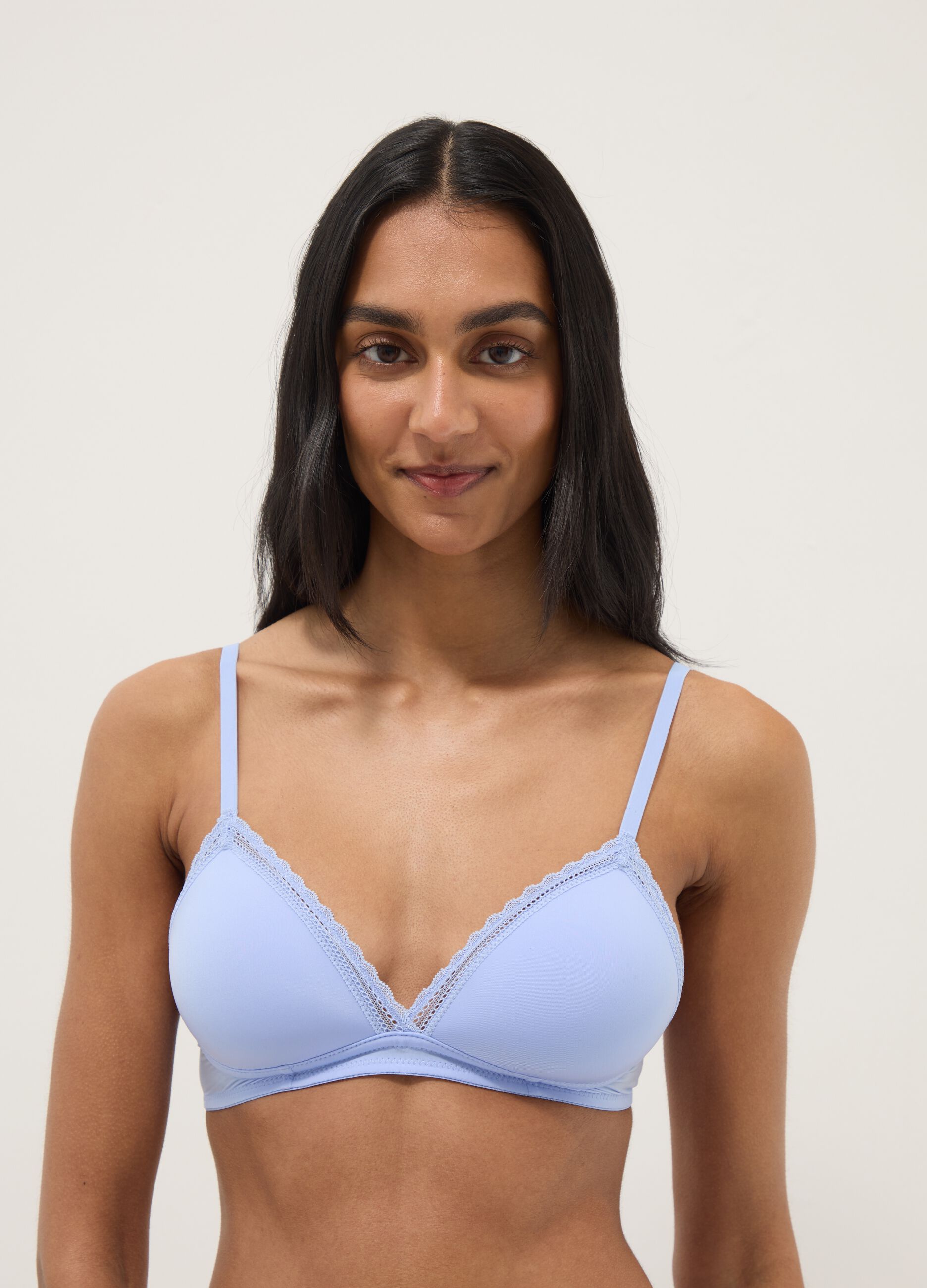 Blue triangle bra with lace detail