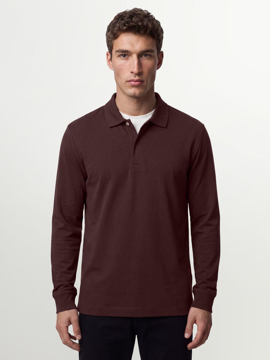 Polo marrone in cotone elasticizzato a maniche lunghe regular fit_0