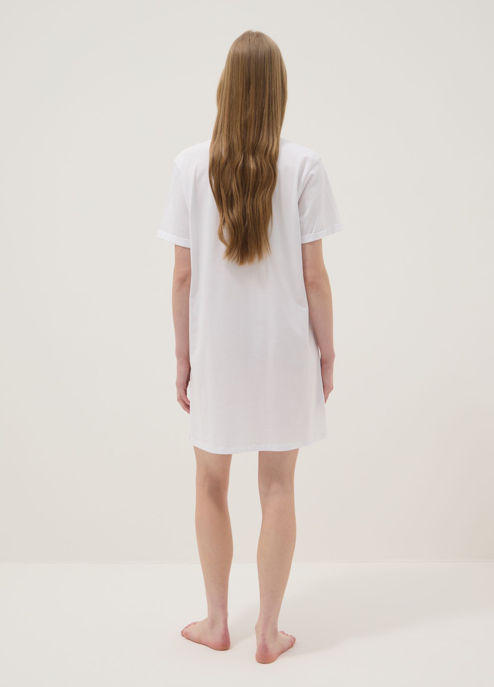 White pure cotton nightshirt with striped chest pocket