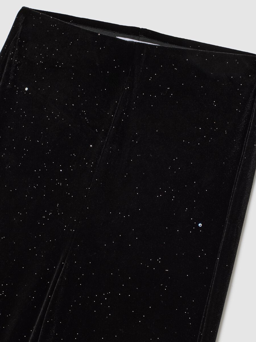 Black stretch fabric flare trousers with glitter_5