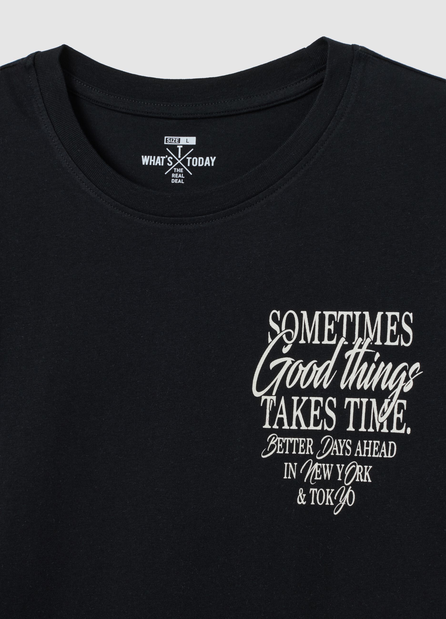 Regular fit black pure cotton T-shirt with motivational messages