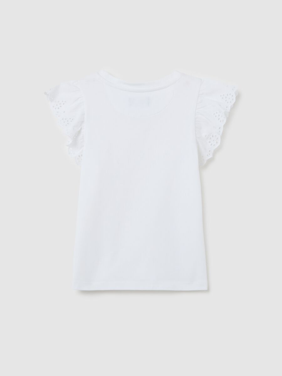 White stretch cotton T-shirt with broderie anglaise sleeves_4