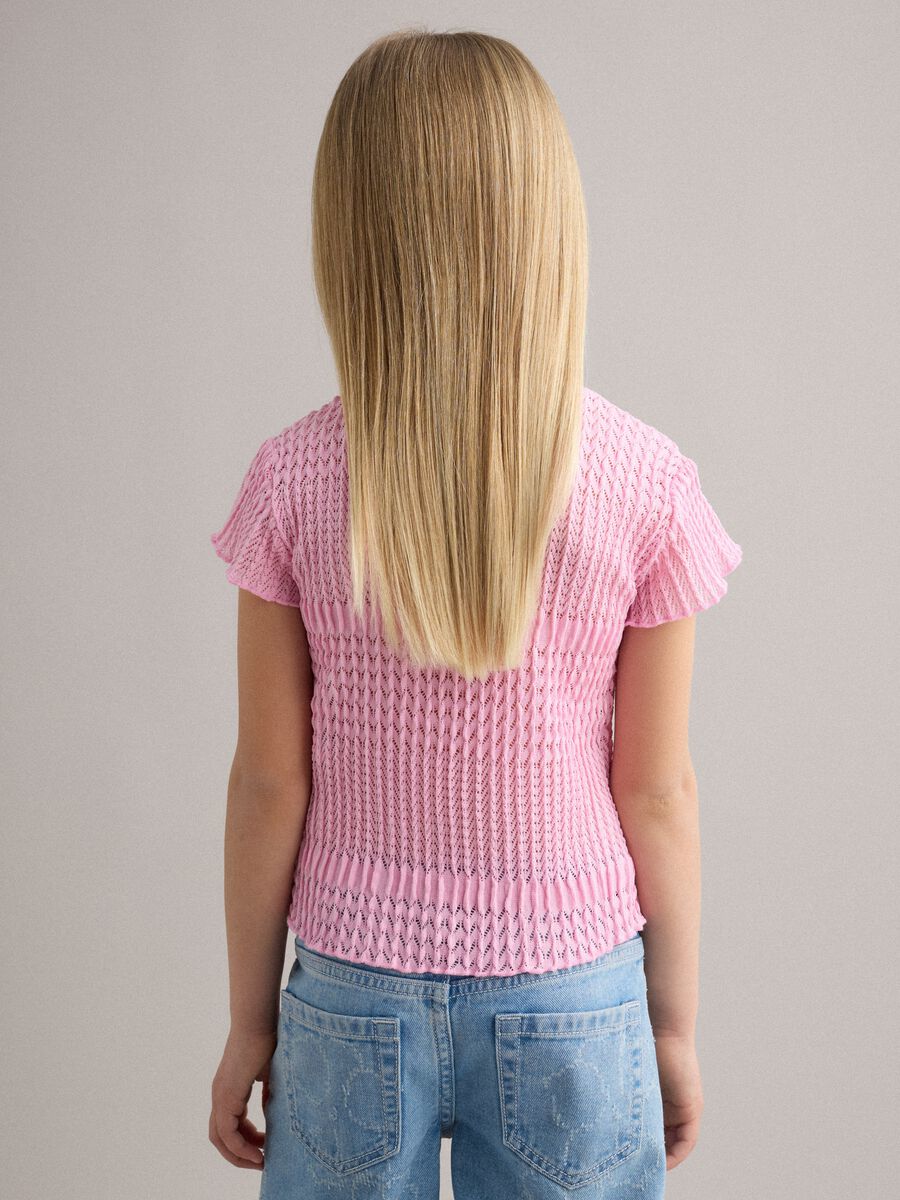 T-shirt a maniche corte rosa da bambina regular fit con texture a rete_2