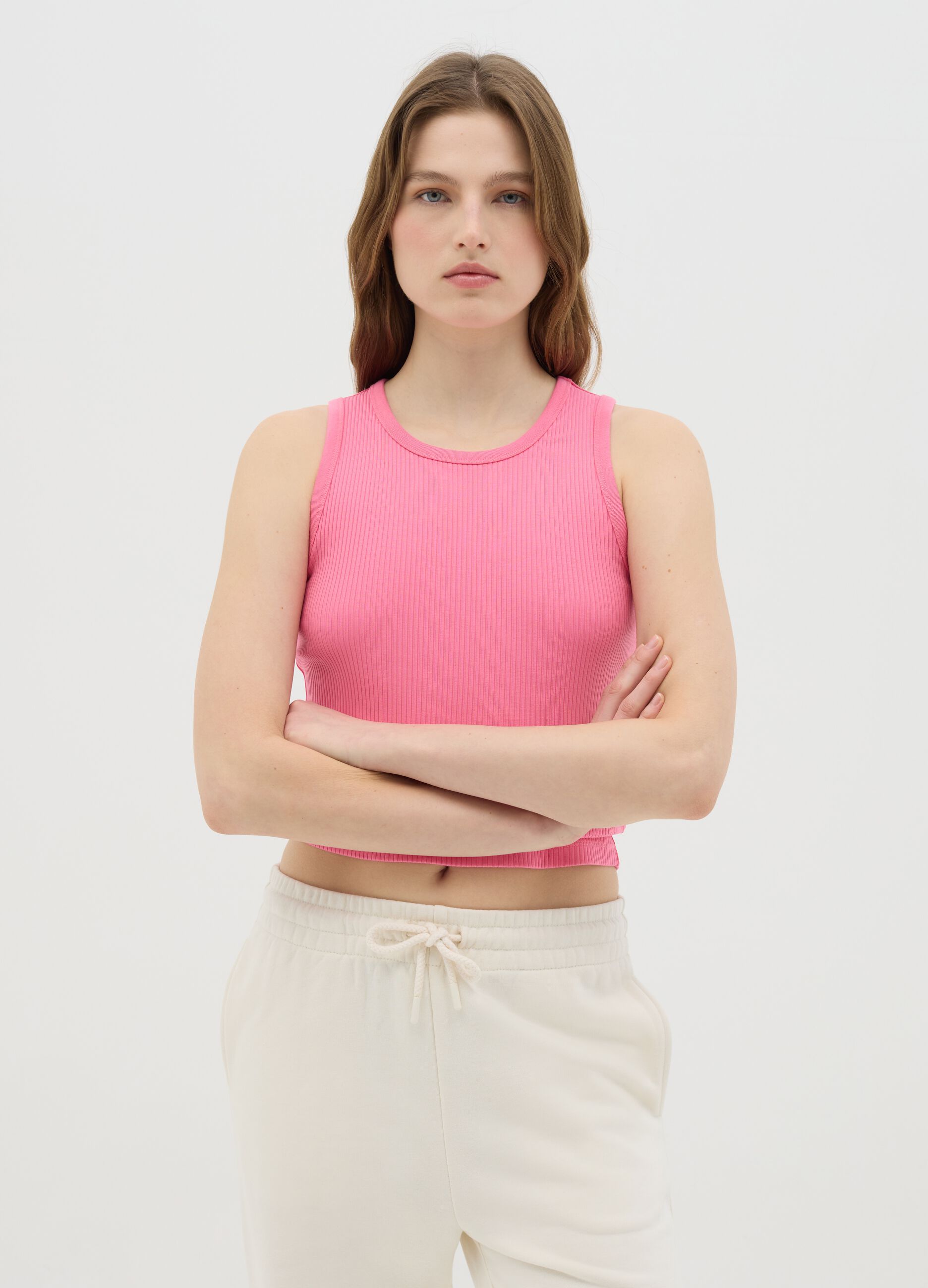 Top da donna in cotone elasticizzato rosa regular fit