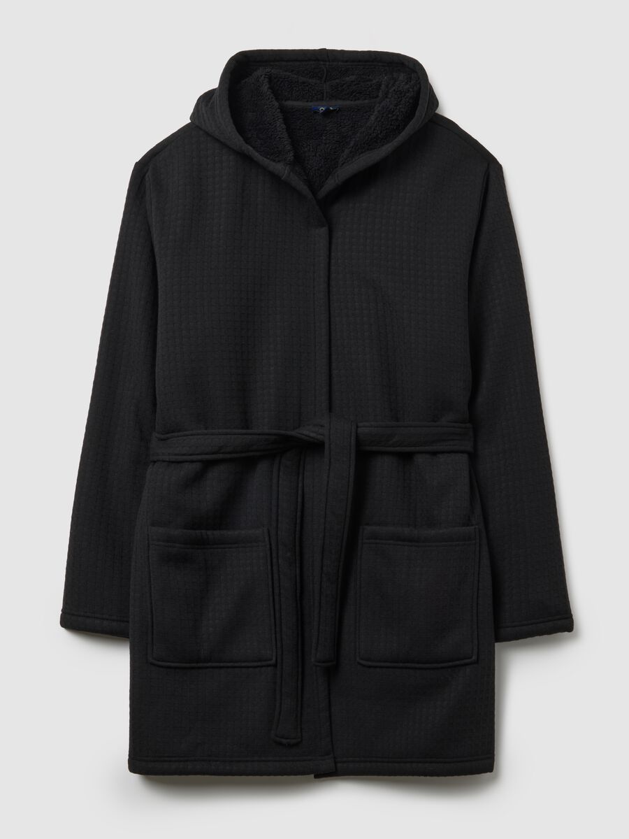 Black Checked Dressing Gown with Hood and Belt_4