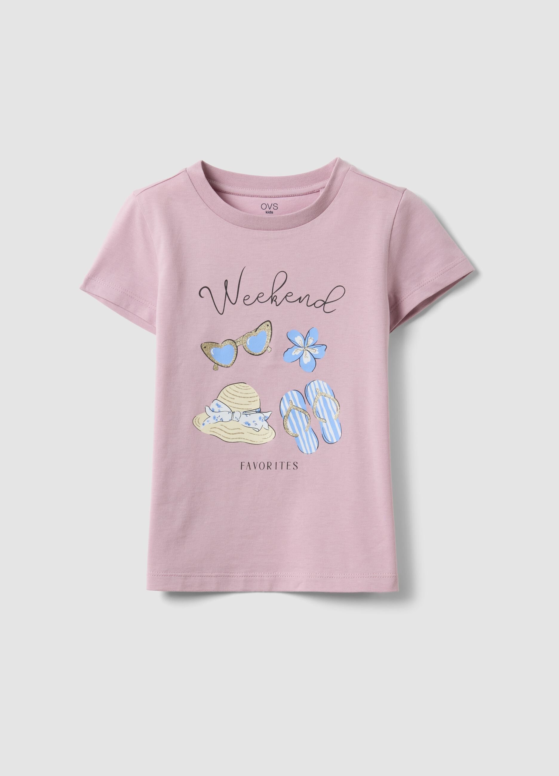 Girls&rsquo; pink organic cotton T-shirt with print and glitter