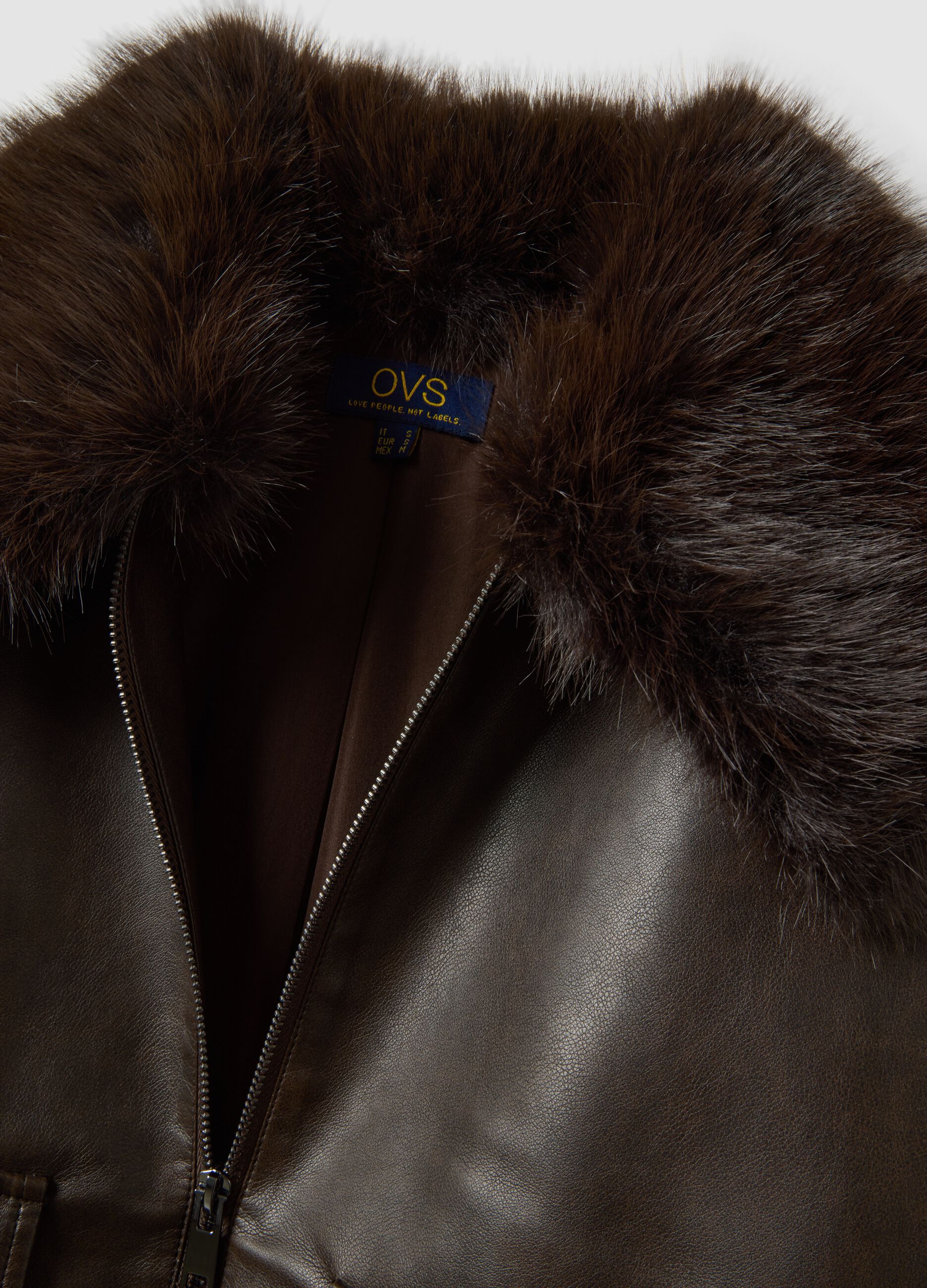 Brown viscose-blend parka with contrasting collar