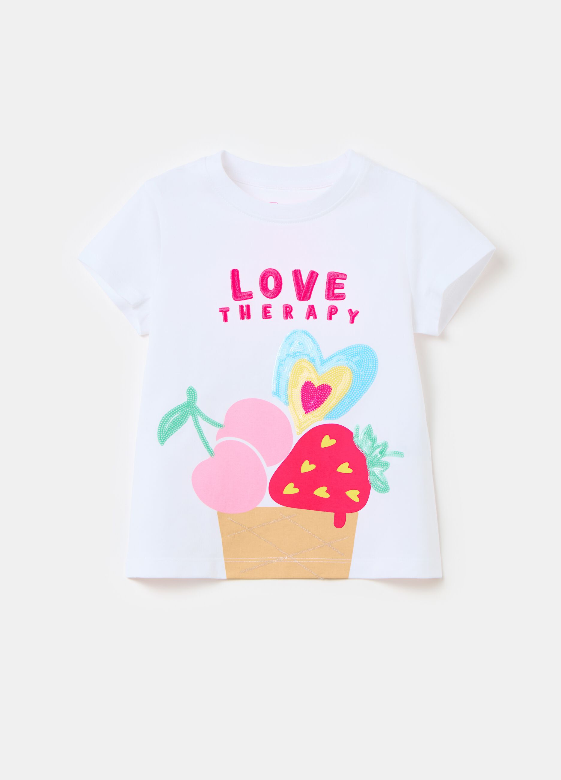 T-shirt in cotone stampa frutta e paillettes