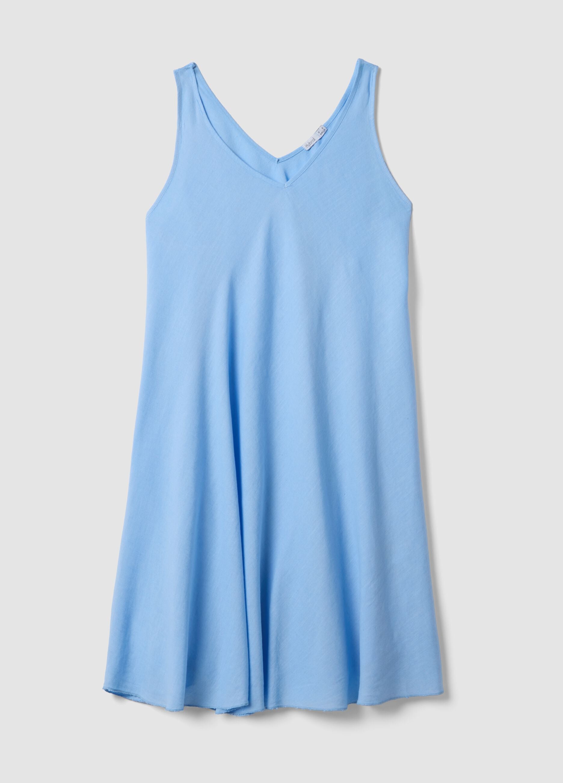 Light blue linen-viscose blend midi dress with V-neck, regular fit