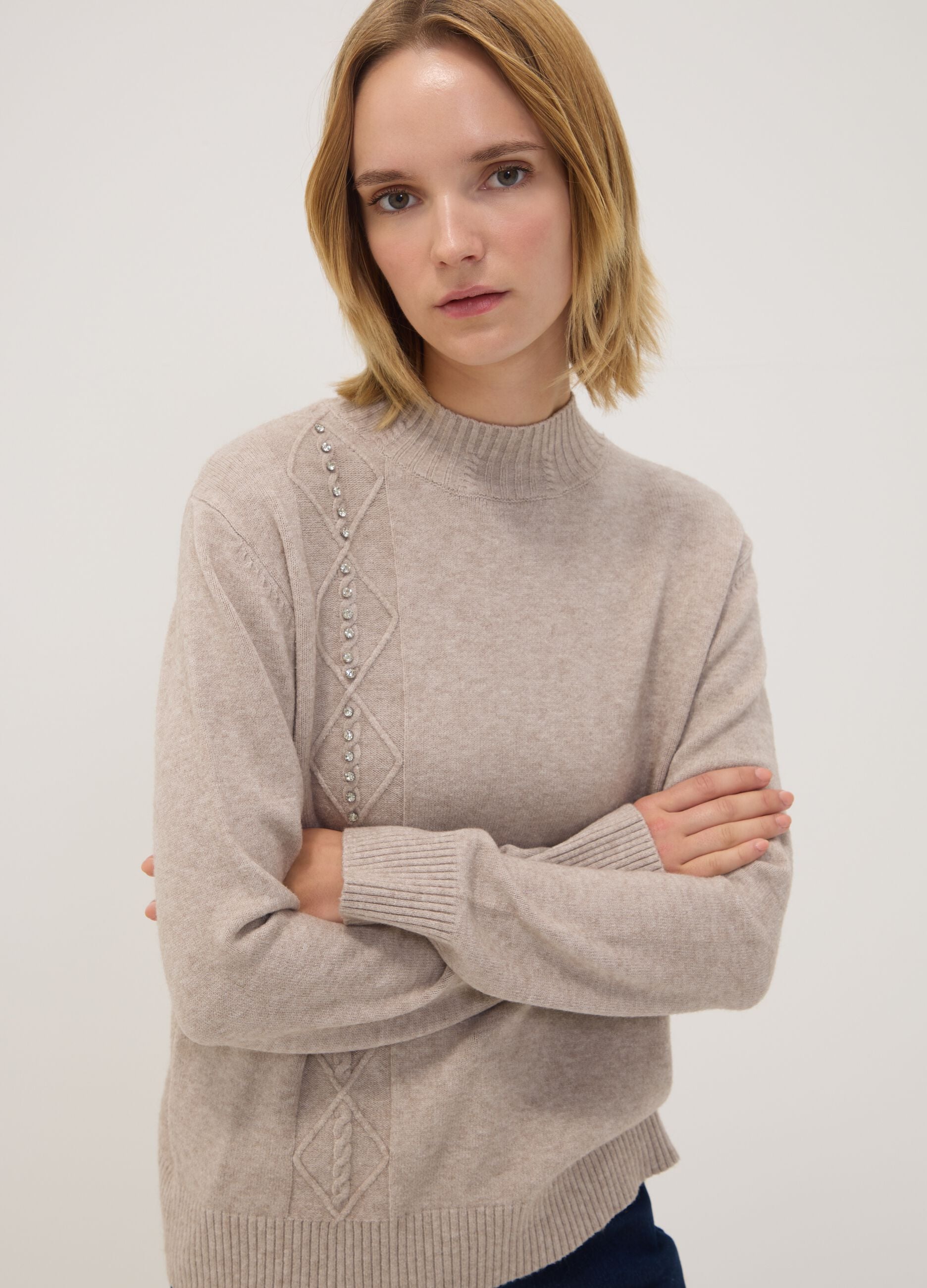 Beige viscose-blend ribbed high-neck jumper, regular fit