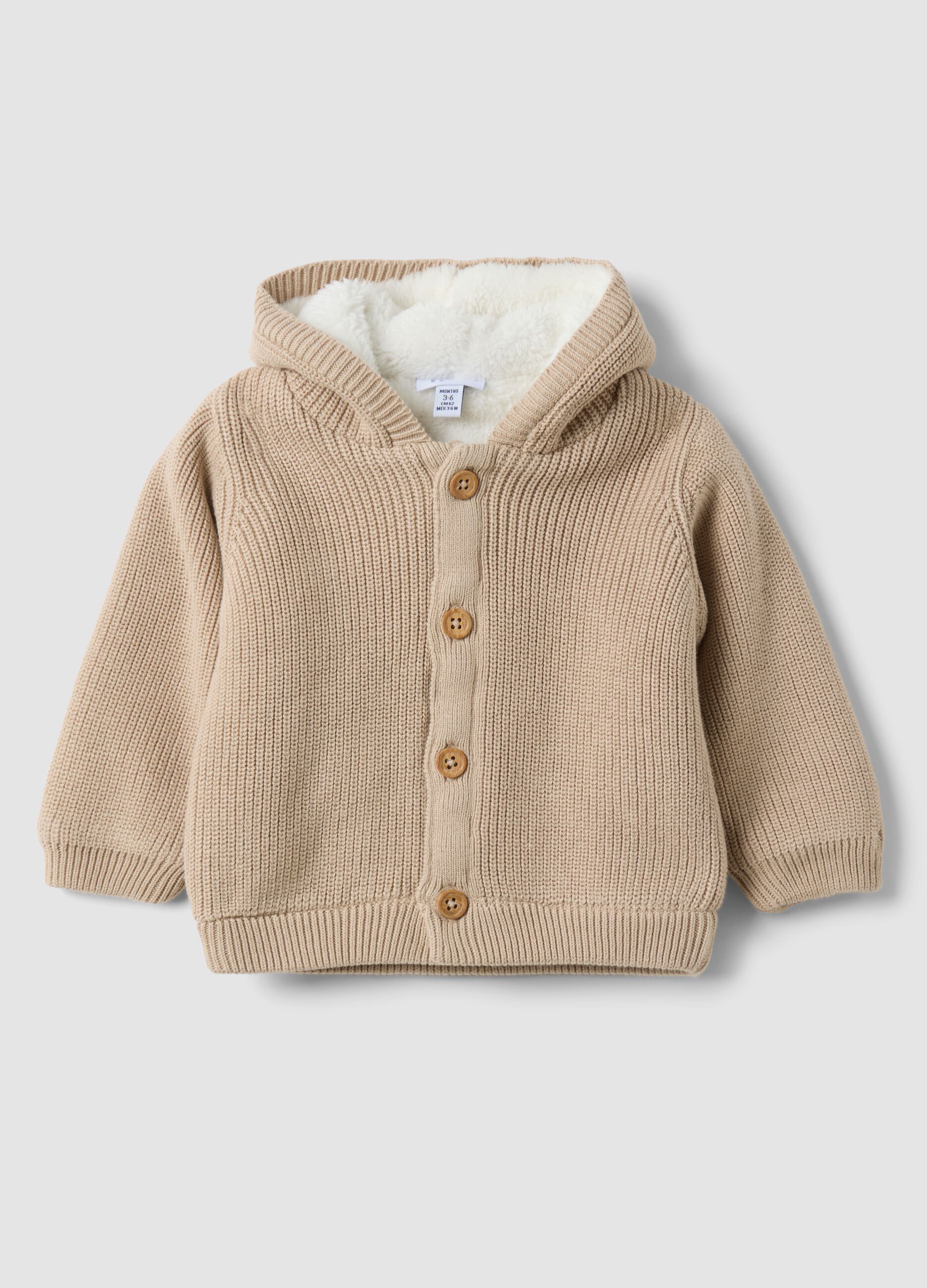 Beige organic cotton hooded jacket for babies