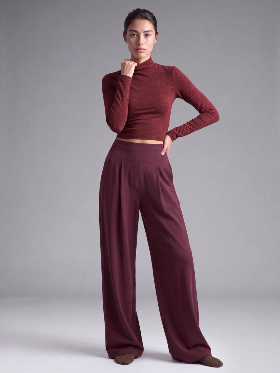 Pantaloni viola wide leg in tessuto elasticizzato_0
