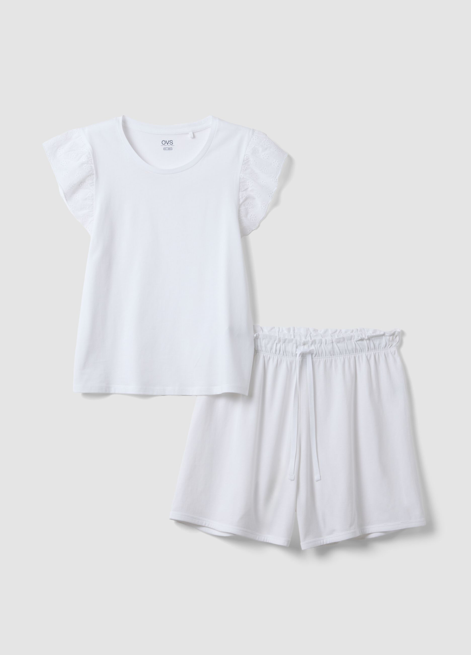 White pure cotton short pyjamas, regular fit with frills